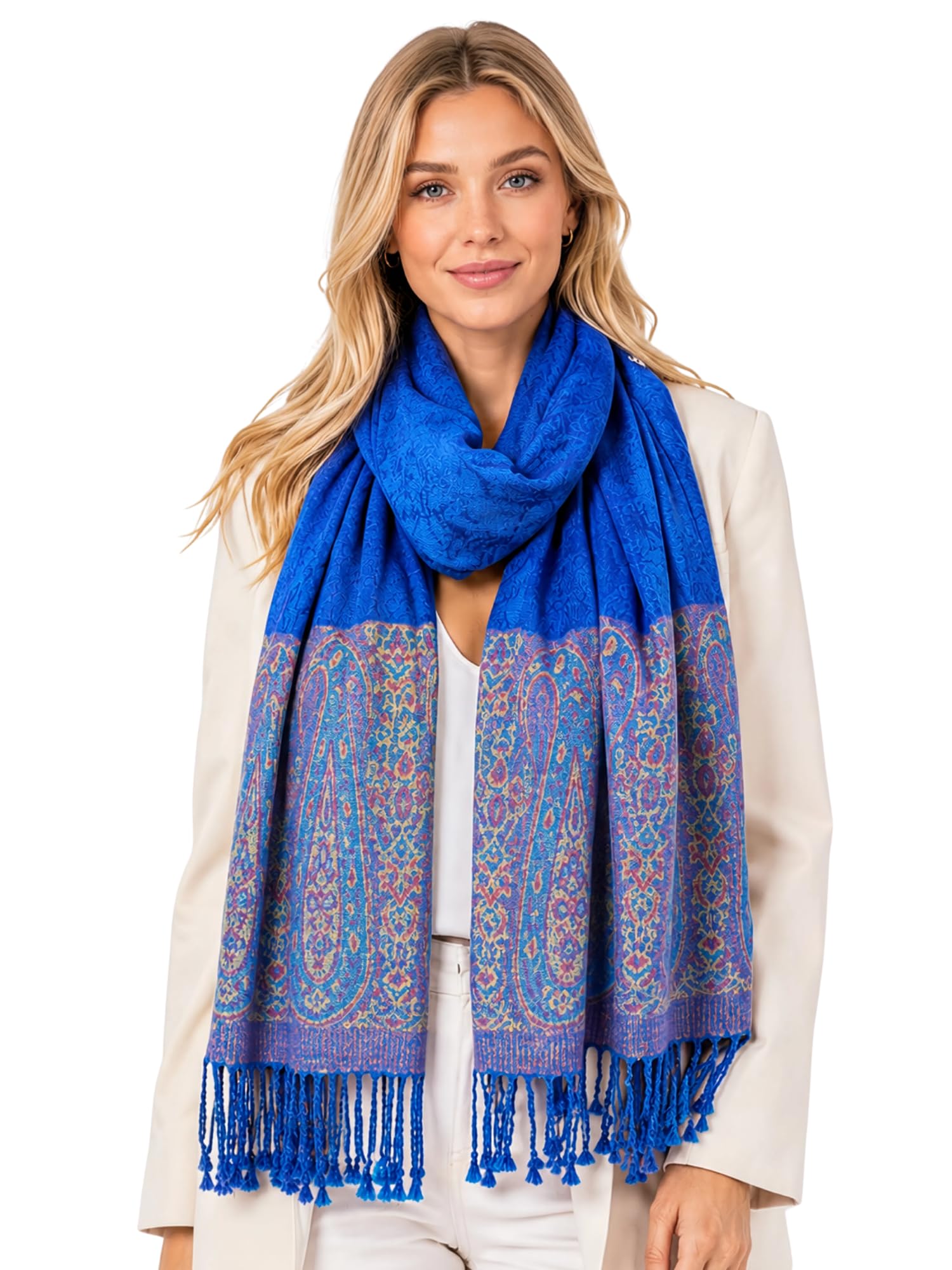 Women Pashmina Scarf Shawl Wrap - Large Long Paisley Floral Rainbow Ladies Scarves, Wearable Blanket Scarf, Womens Winter Scarfs, Indian Shawl Wedding Evening Stole, Head Scarf (Blue Paisley)