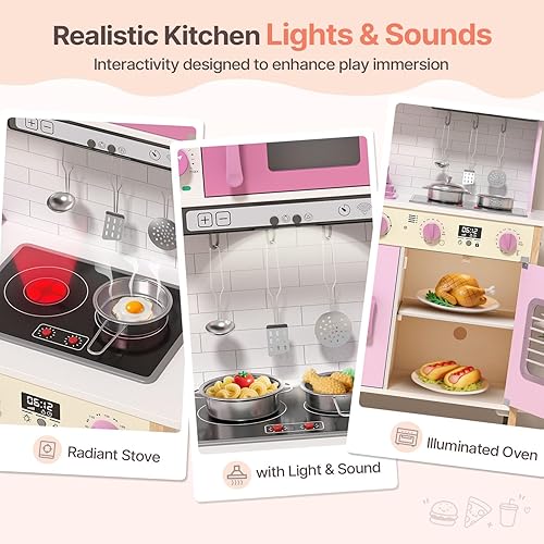 Miniatura 2 de BIERUM Juego de cocina, juego de cocina de madera para niños pequeños con luces y sonidos reales, juguetes de cocina de altura ajustable con 30