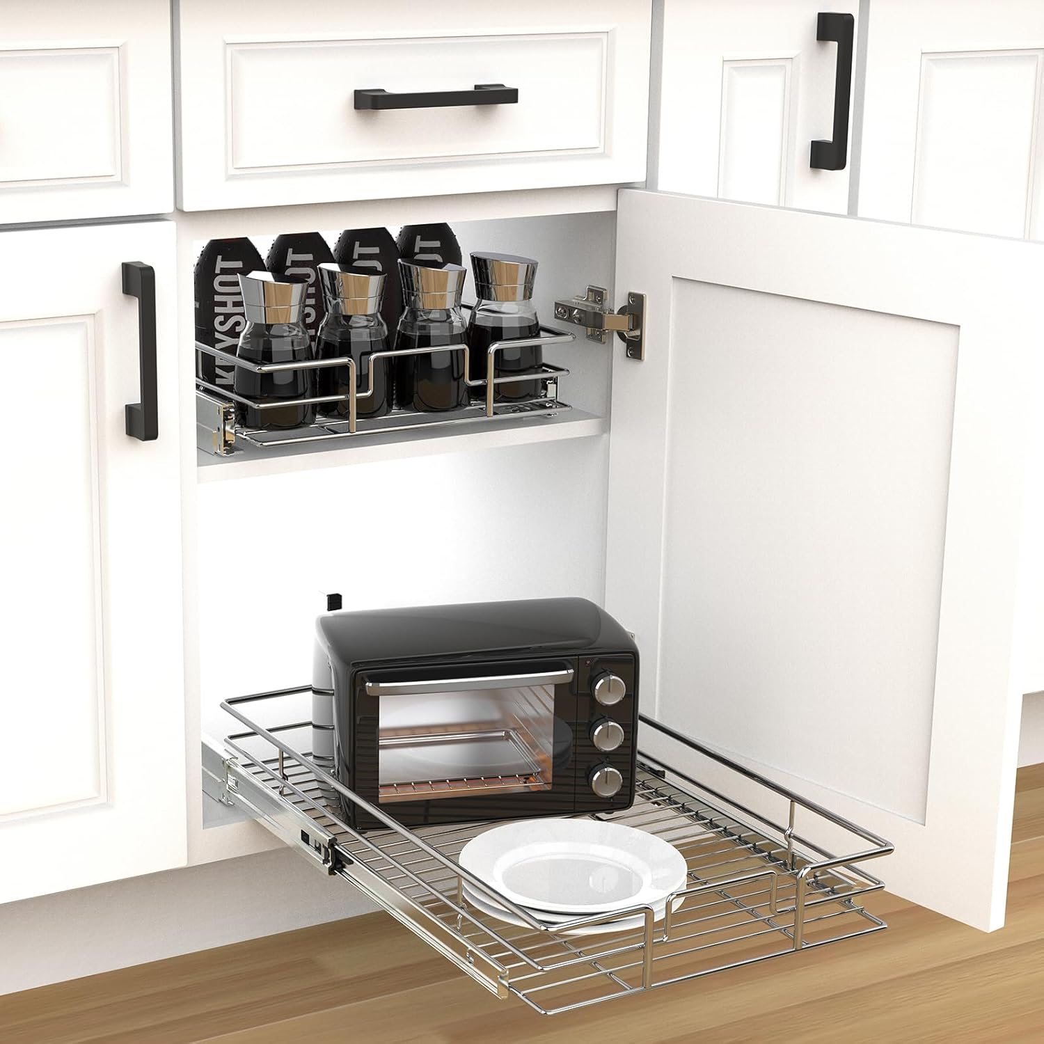 Pull Out Cabinet Organizer 20" W x 21" D, Slide Out Kitchen Cabinet Storage Shelf and Drawer Organizer NEED 21" W and 22" D Cabinet, Chrome Finish