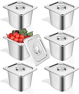 6 Set Hotel Pan 1/6 Size 6 Inch Deep Stainless Steam Table Pans with Lids Stackable Commercial Anti Jam Metal Steam Tray Catering Food Storage Steel Pan for Hotel Restaurant Buffet Party Supplies