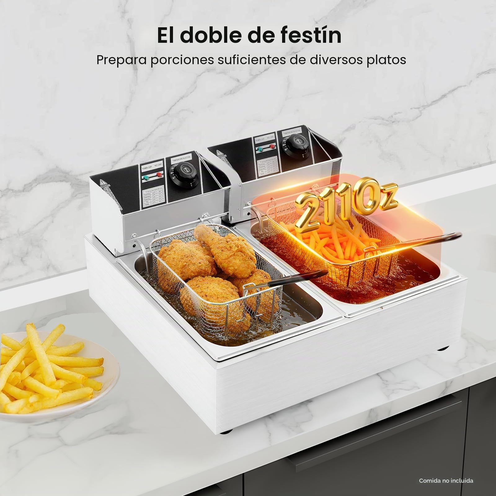 Freidora Eléctrica Profesional 2.5KW+2.5KW, Doble Tanque 12L con Escurridor, Cesta y Tapa, Acero Inoxidable Freidora Eléctrica Comercial para Restaurantes Comerciales