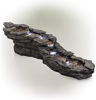 Alpine Corporation TZL240 Alpine White LED Lights Tiered Rocky River Stream Fountain, 76" L x 22" W x 19" H, Mixed Colors