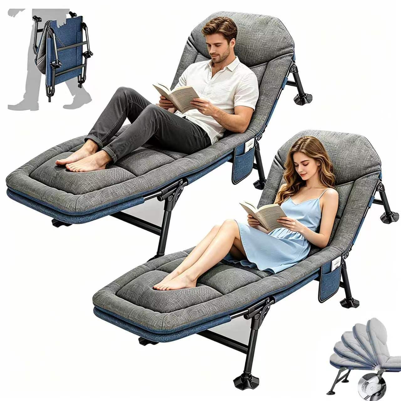 Foldable Sun Lounger, Garden Sun Loungers, 5-way Adjustable Camping Bed, Folding Sunbed with Pillow and Mattress, Fishing Bed Chair Perfect for Camping, Indoor/Outdoor (190 x 65 x 30 cm) (2, Grey)