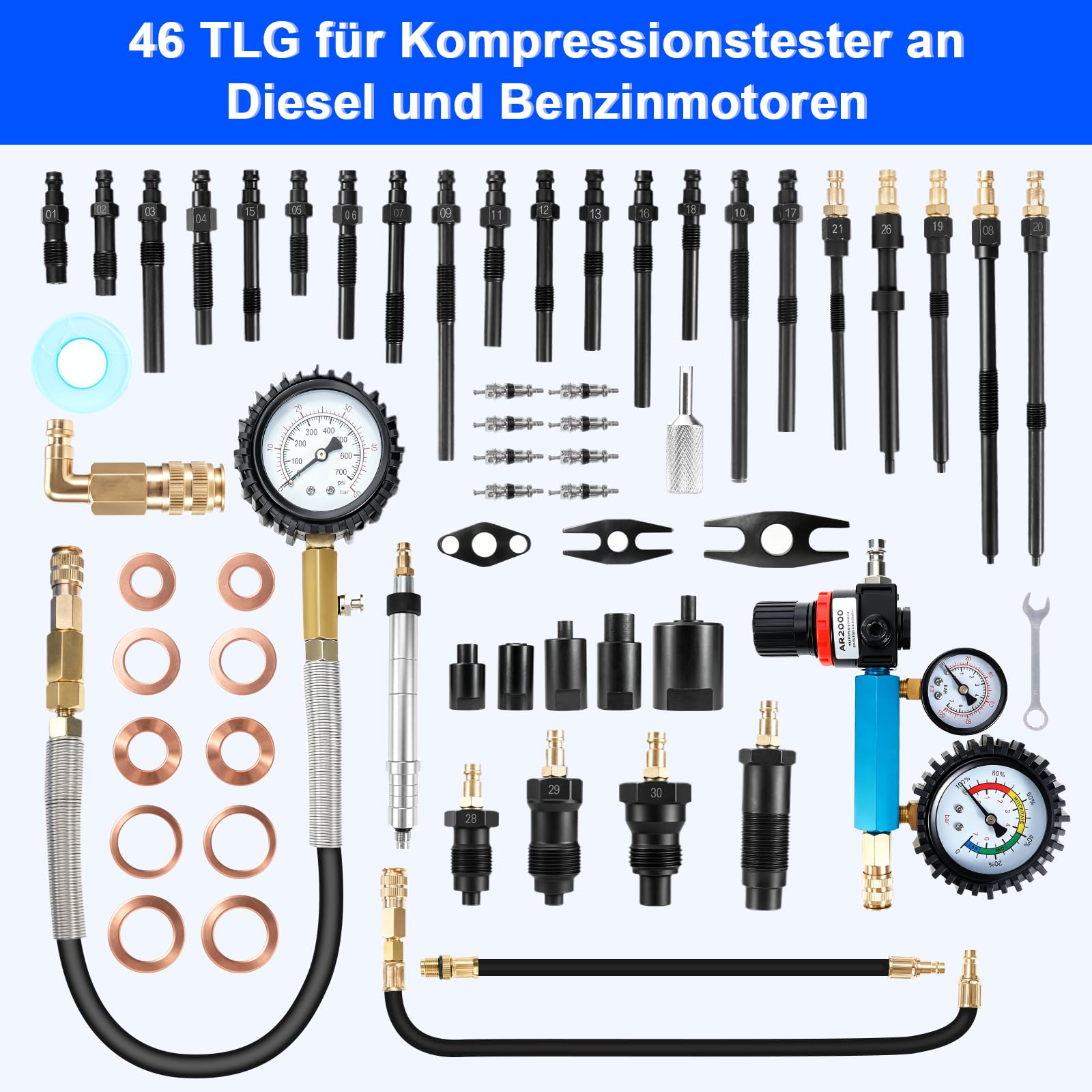 Tester di compressione professionale, 46 pezzi, 0-50 bar (0-725 Psi) per HDI, TDCi, tester di pressione di compressione diesel e motori a benzina, per auto, camion, moto, M8, M10, M12, M14, M20, M22