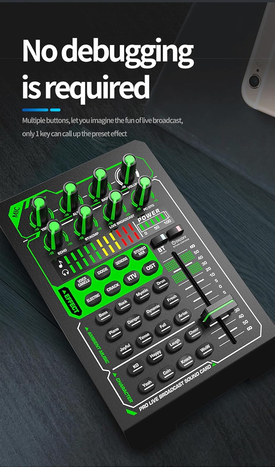 Professional Audio Mixer, Live Sound Card and Audio Interface Sound Board with Multiple DJ Mixer Effects,Voice Changer and LED Light, Prefect for Streaming/Podcasting/Gaming/Recording/YouTube/PC