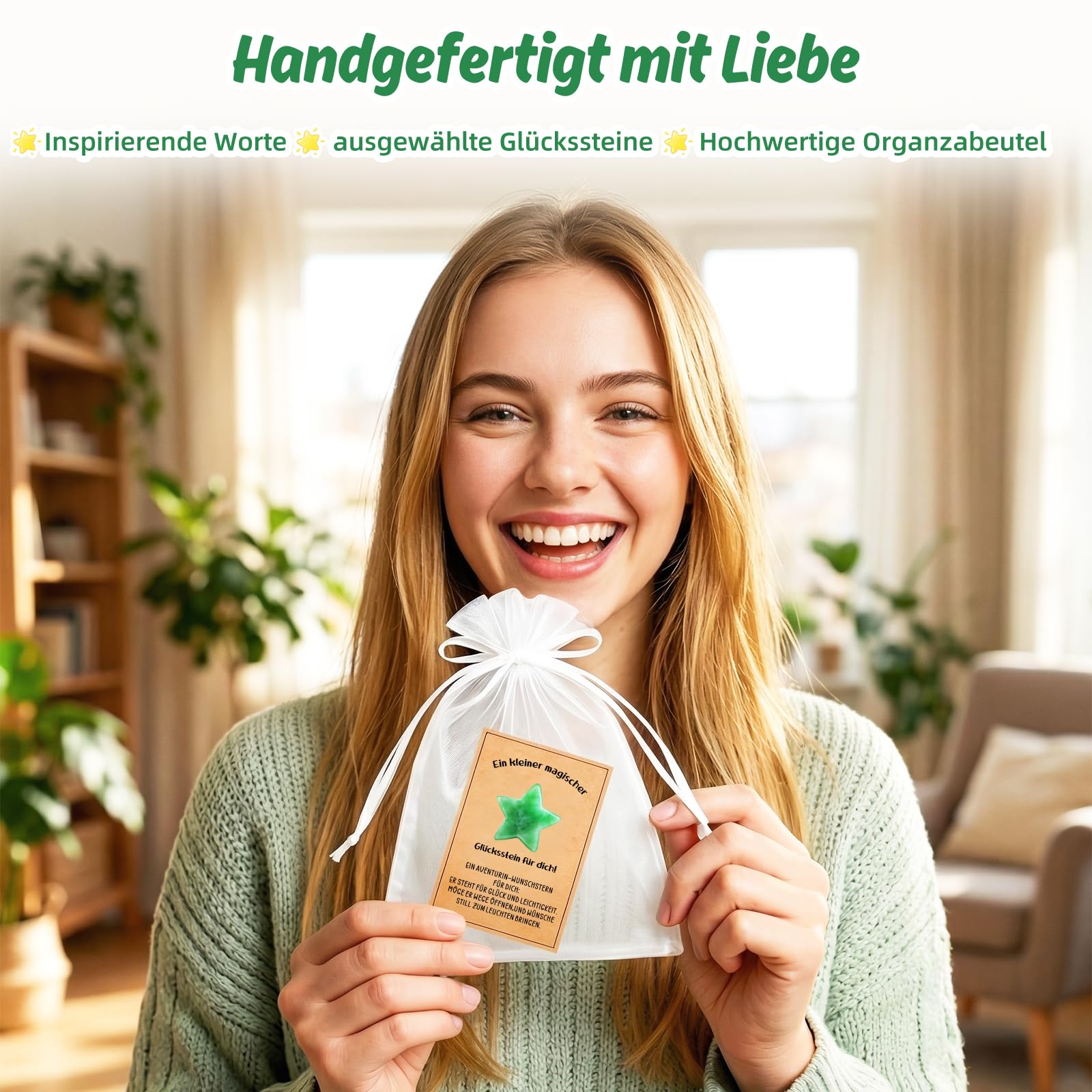 TUZELIYA Wunschstern Glückssteine Set, Wunscherfüller Geschenk mit liebevoller Botschaftskarte im Organzasäckchen, Glücksbringer und Mutmacher Geschenk für Liebhaber, Mama, Freundin, Kollegin - 4