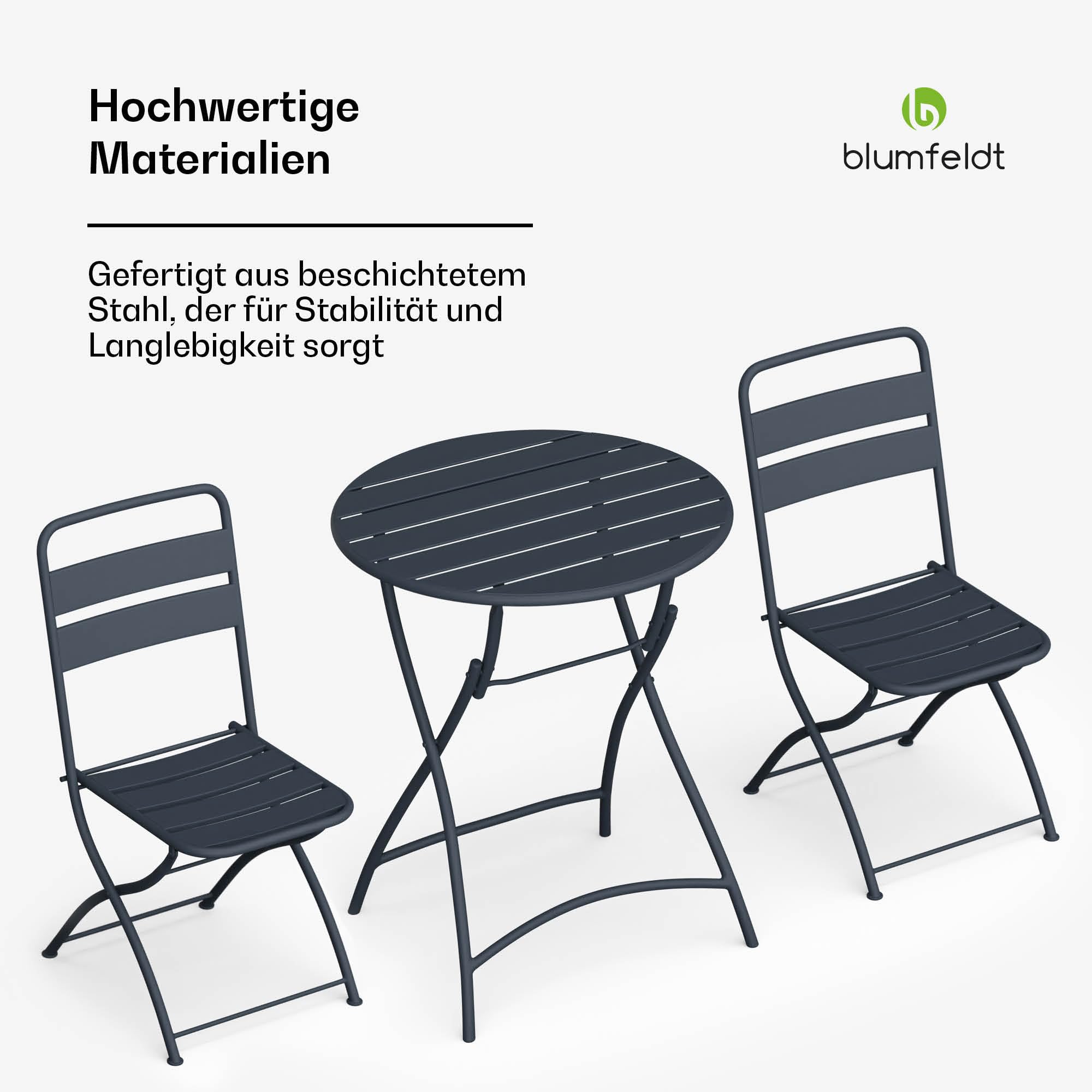 blumfeldt Bistrotisch Mit Stühlen – 60 cm Rund Klappbar, Wetterfester Stahl, Outdoor-Set, Platzsparend, Ideal Für Garten, Balkon, Terrasse, Modernes Design, 2 Stühle Inklusive