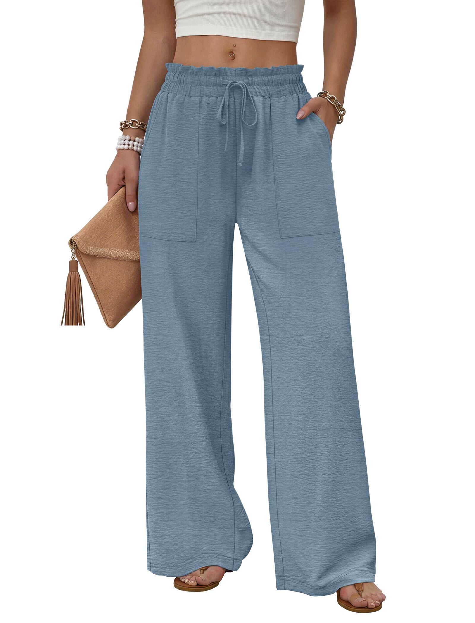 WIHOLL Women's Wide Leg Pants with Pockets Drawstring Loose Trousers Business Work Pants Summer Beach Vacation Clothes — view 11