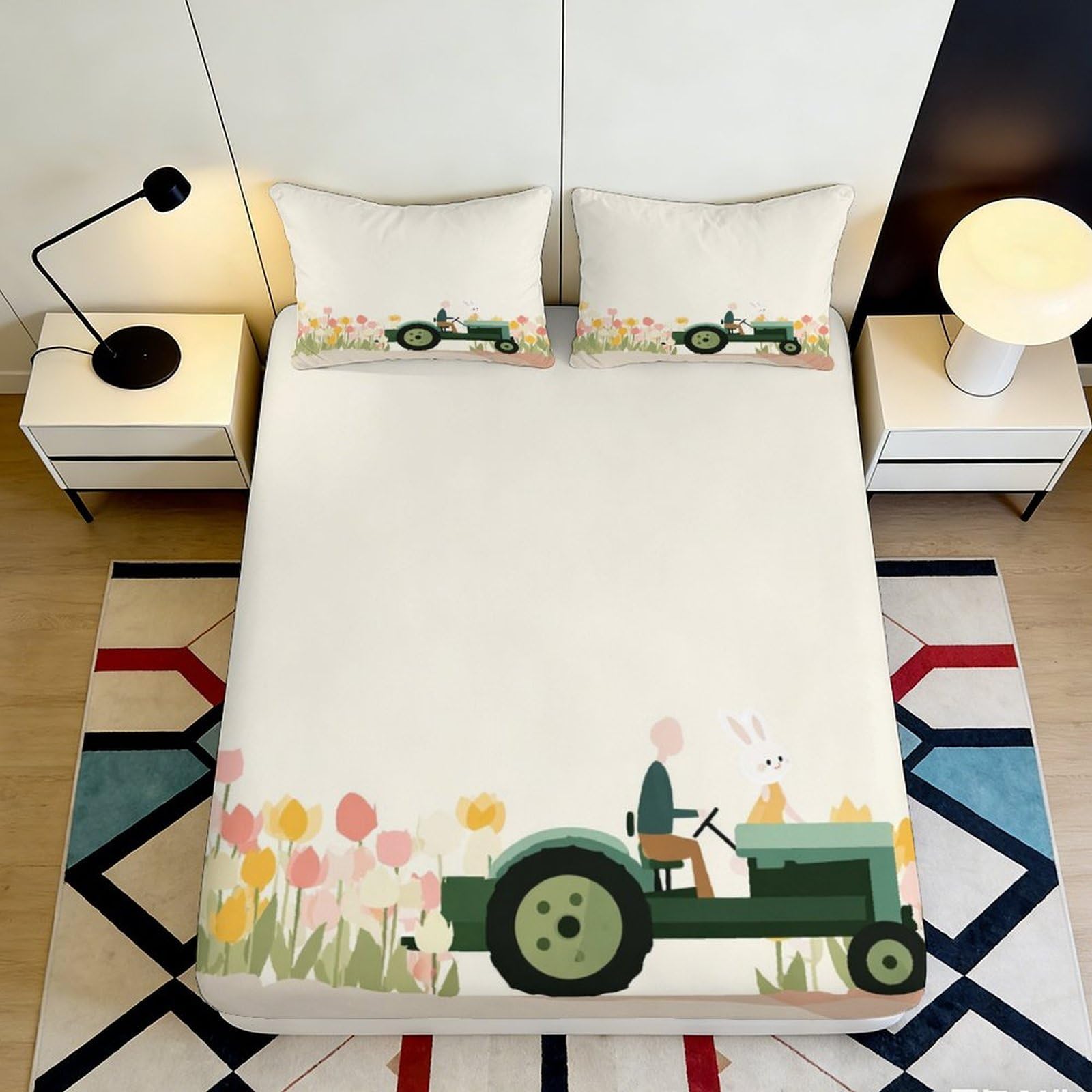 3D Printed Tractor Rabbit Fitted Sheet Microfiber Tulip Flower Mattress Cover Non-slip Washable Bedroom Decor 200x200x25cm