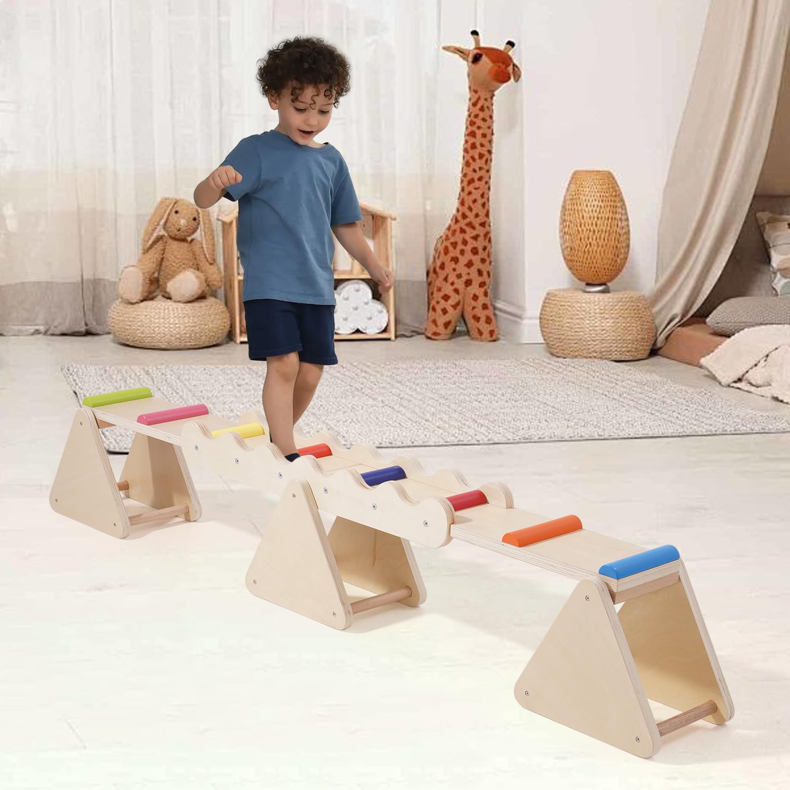 Poutre d'équilibre 2 en 1 en bois pour enfants, bascule et balançoire intérieur extérieur