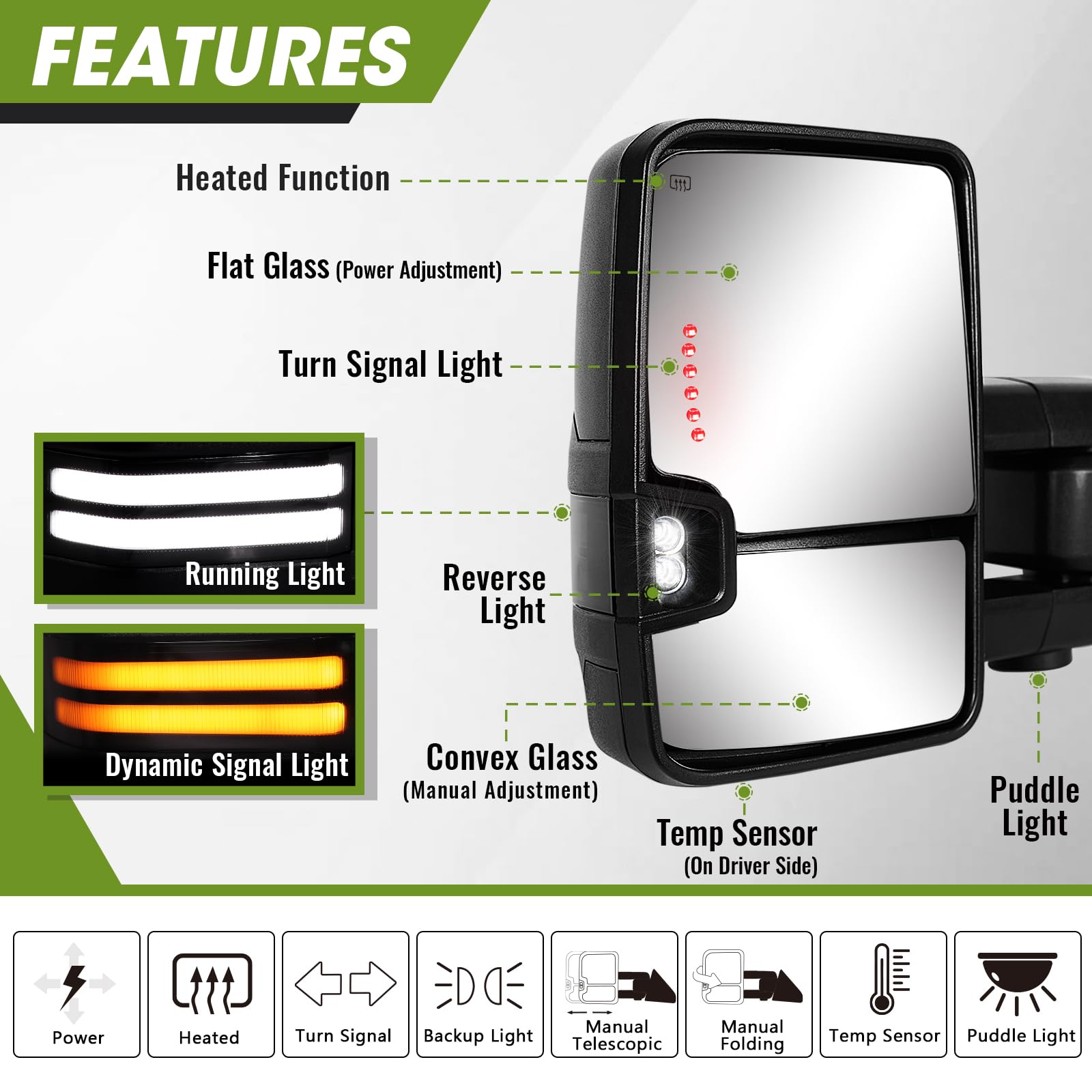 SIZIOM Switchback Towing Mirrors for 2009-2018 Dodge Ram 1500, 2010-2018 Ram 2500 3500, 1500 Classic 2019-2024 with Sequential Signal/Running/Backup/Puddle Lights Extendable Pair(Textured Black)