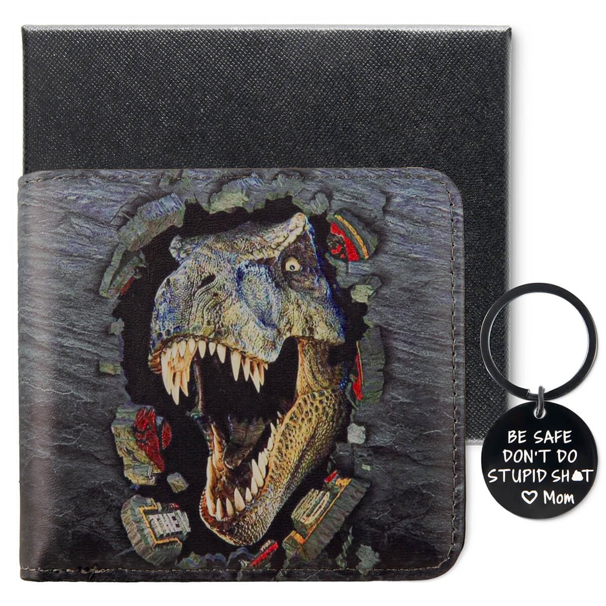 Kids Wallet for Boys with Keychain and Gift Box, Dinosaur Boys Wallet for Kids Ages 4-5-6-7-8-9-10-11-12-13-14-15-16, Dino Wallet for Teen Boy, Gifts for Boy Christmas Birthday Leather