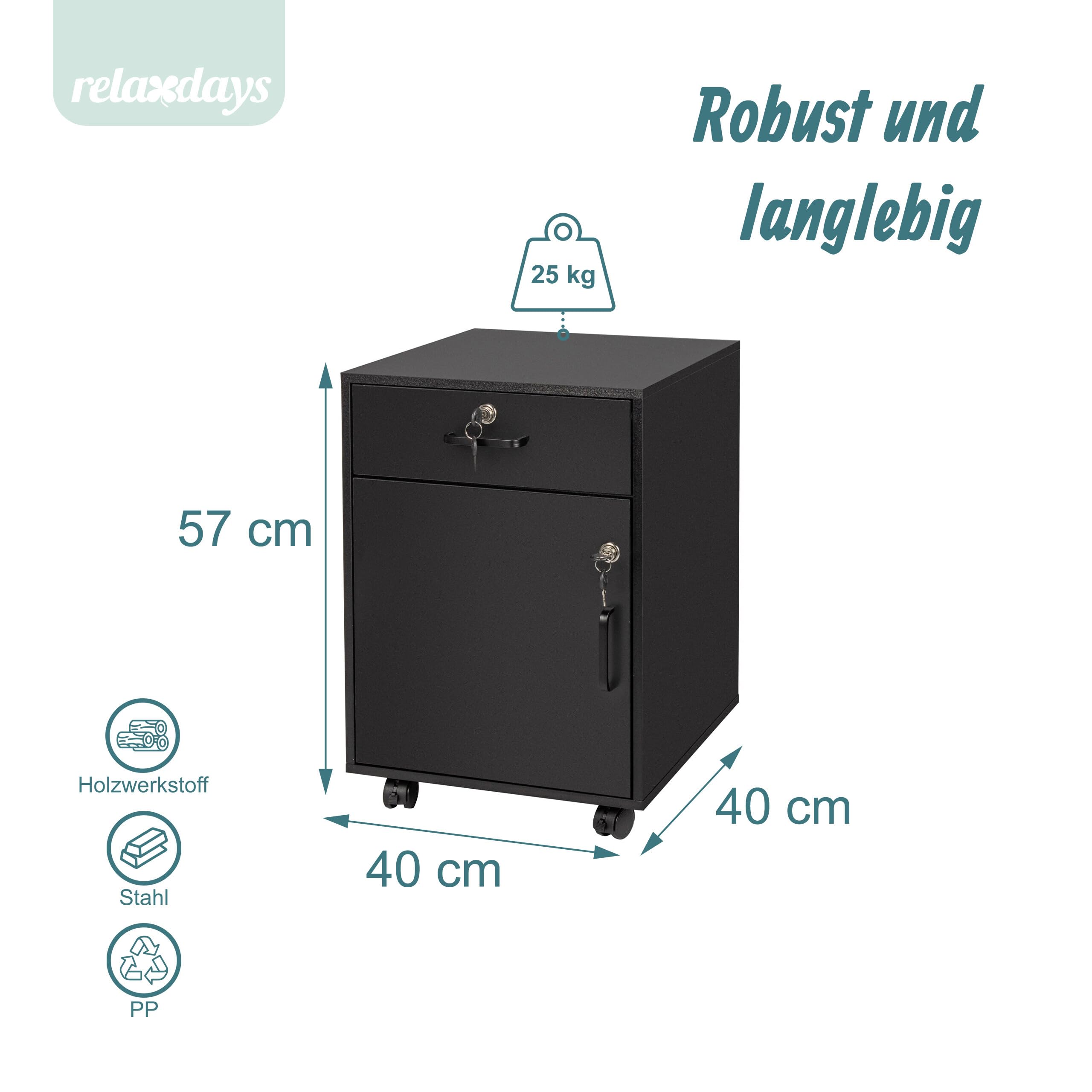 Relaxdays Rollcontainer, Schublade & Türfach, HxBxT: 57 x 40 x 40 cm, abschließbar, Aktenschrank auf Rollen, schwarz