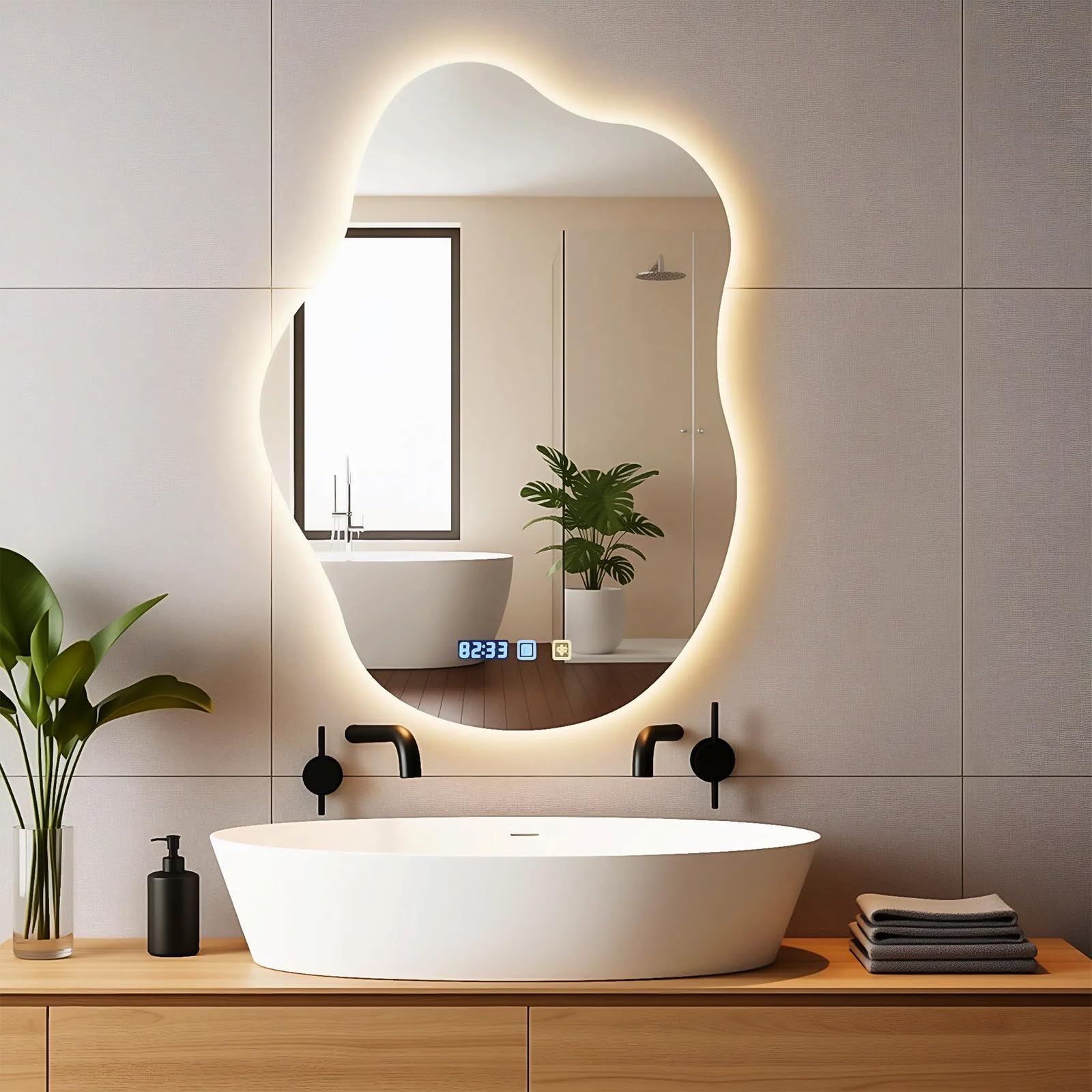 Wandspiegel mit Beleuchtung, 70x50cm LED Badezimmerspiegel, Cloud-Design mit 3-Farben Licht & Zeitdisplay, Anti-Beschlag, Dimmbares Smart Lighting für Wandmontage im Bad