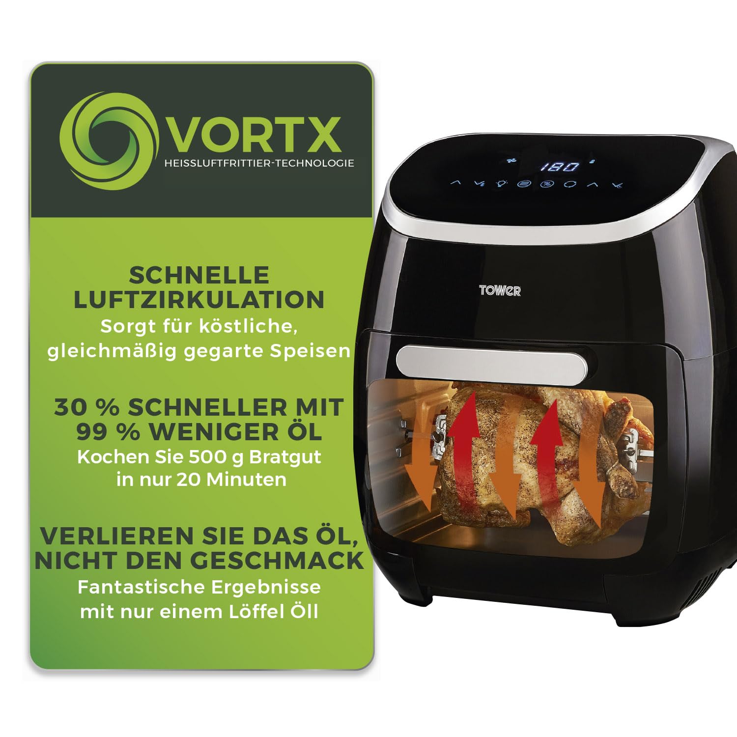 Tower T17039 Xpress Pro 5-in-1 Digitale Heißluftfritteuse mit Schneller Luftzirkulation, 60-Minuten-Timer - Airfryer Heißluftfritteuse XXL 11 l - 2000W - Schwarz