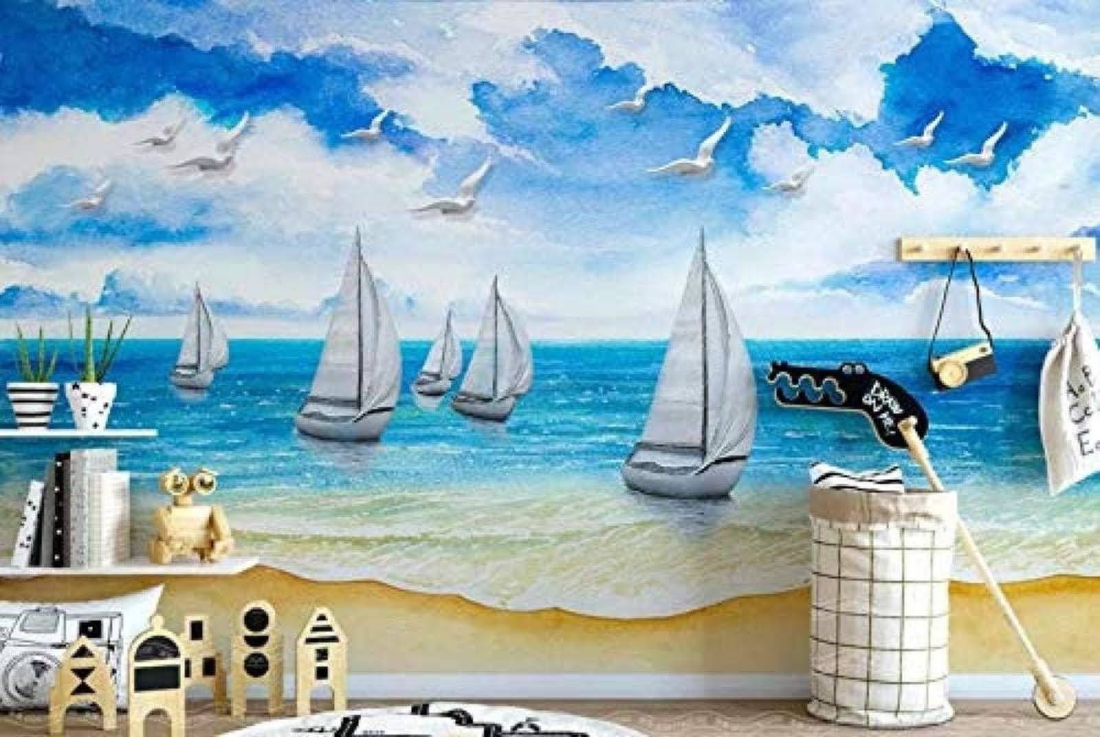 Mural 3D voilier mer : agrandir un salon etroit 150x105 cm