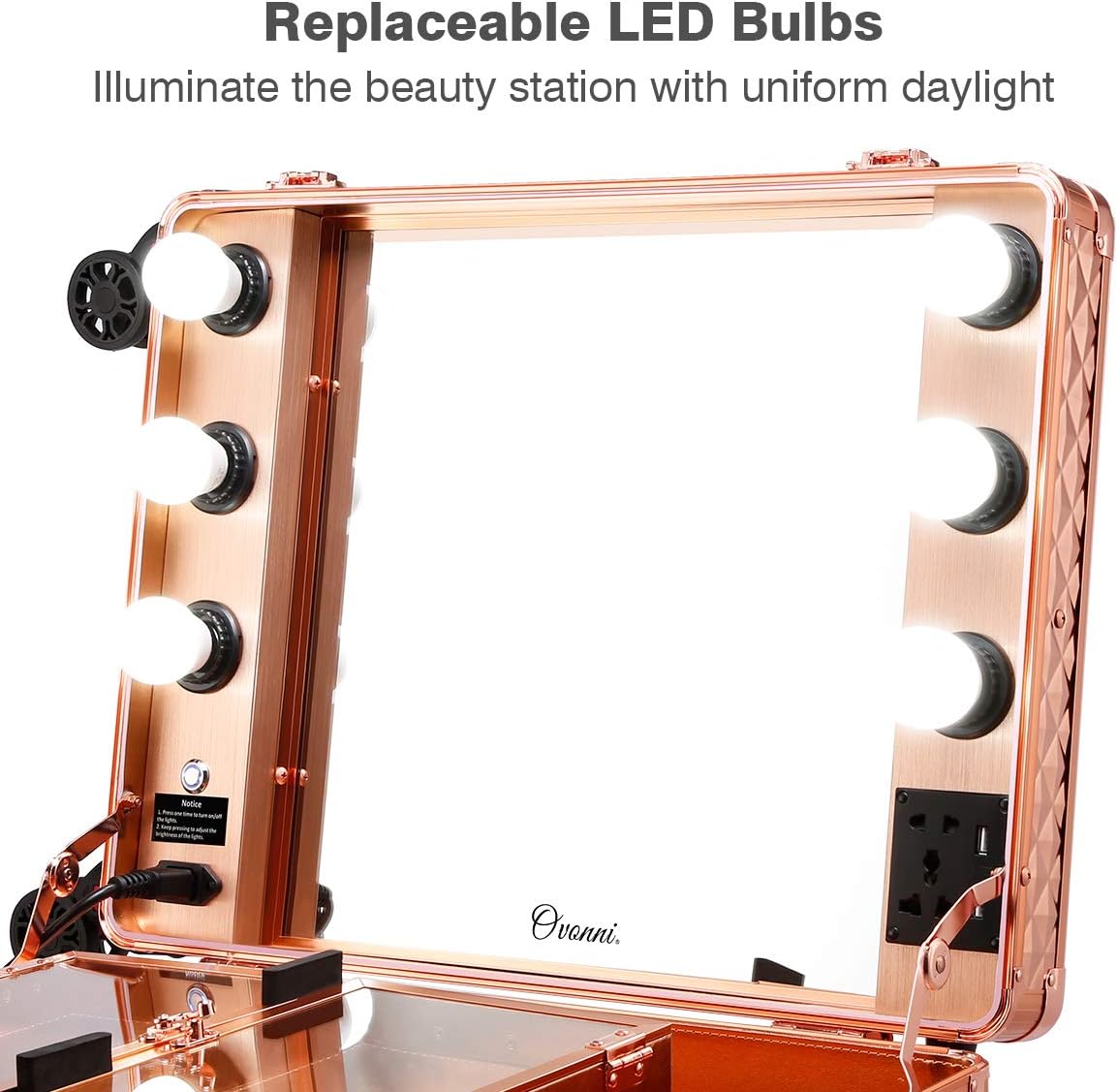 Ovonni LED Makeup Train Case, Lighted Rolling Travel Portable Cosmetic Organizer Box with Mirror and 4 Detachable Wheels, Professional Artist Trolley Studio Free Standing Workstation