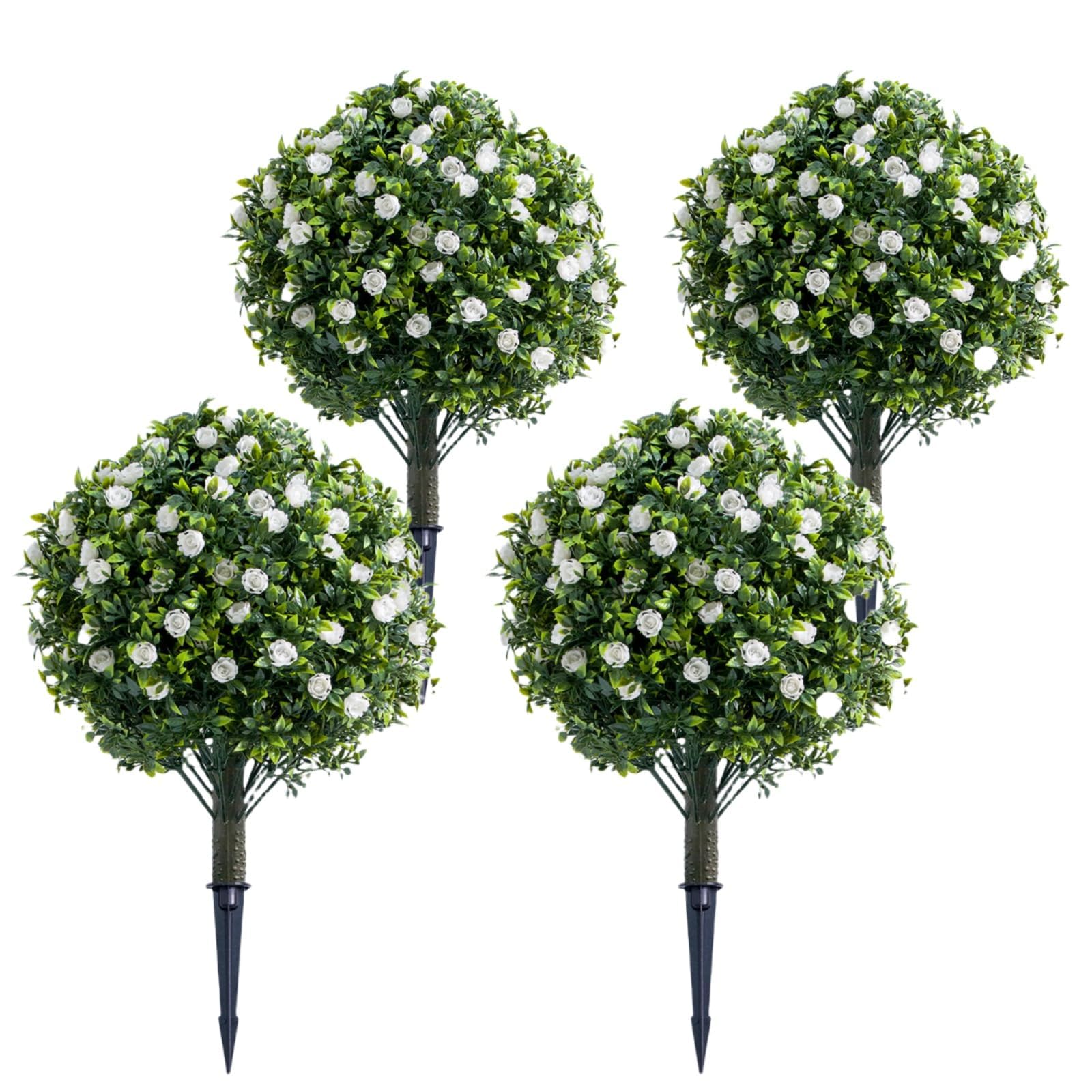 Wejiuafb 4 Pack-White Lifelike Artificial Topiary Ball Trees Set Of 4 – Golden Bloom Flowers, 23.6" Pe Faux Shrubs With Ground Spike & Metal Stakes For Indoor/Outdoor Home Decor, 60X40cm