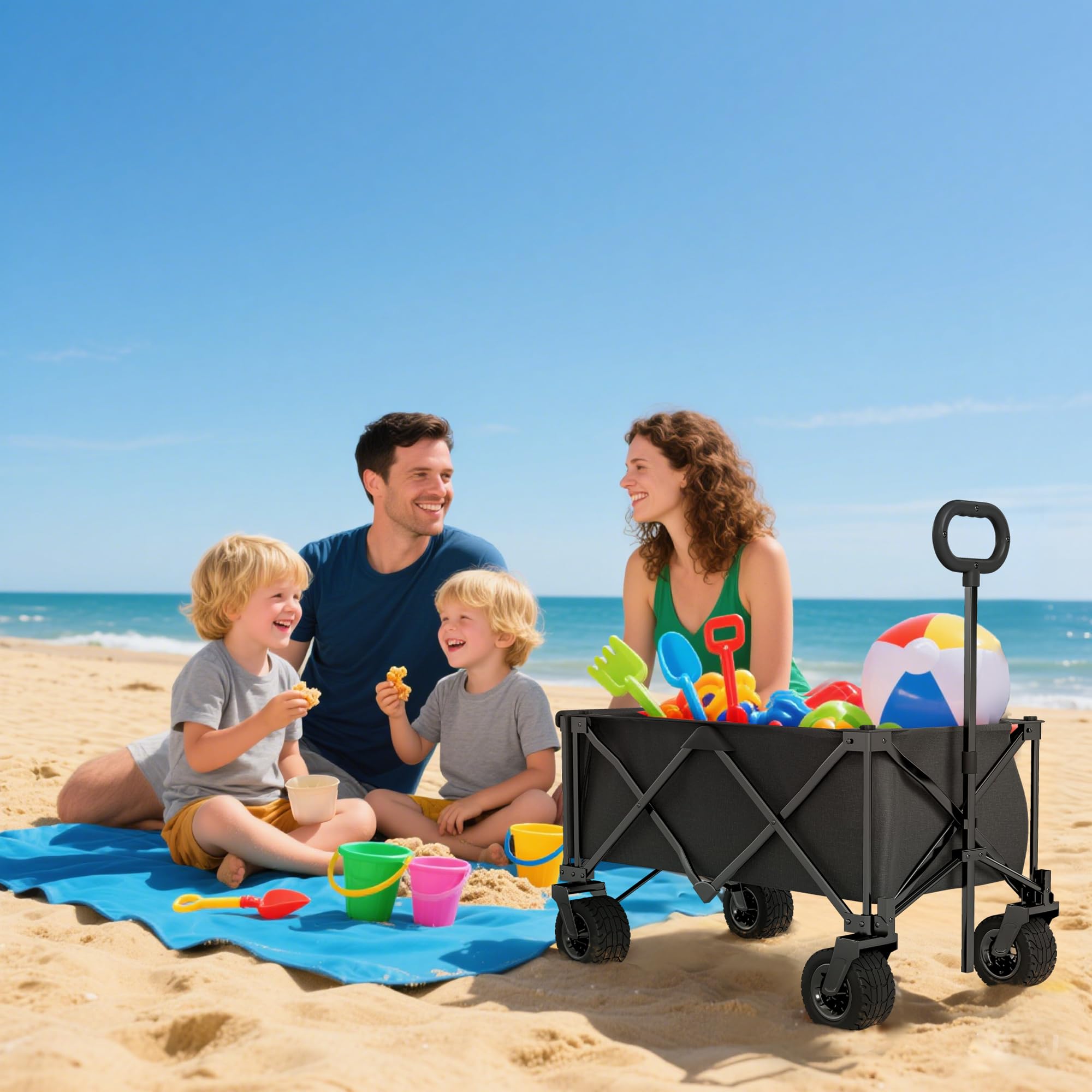 Outsunny Carro Playa Ruedas Grandes Carro de Jardín Plegable con Mango Ajustable Puerta Trasera Expandible Carga 100 kg Carrito Transporte para Todo Terreno Jardín Campaña Compra Negro