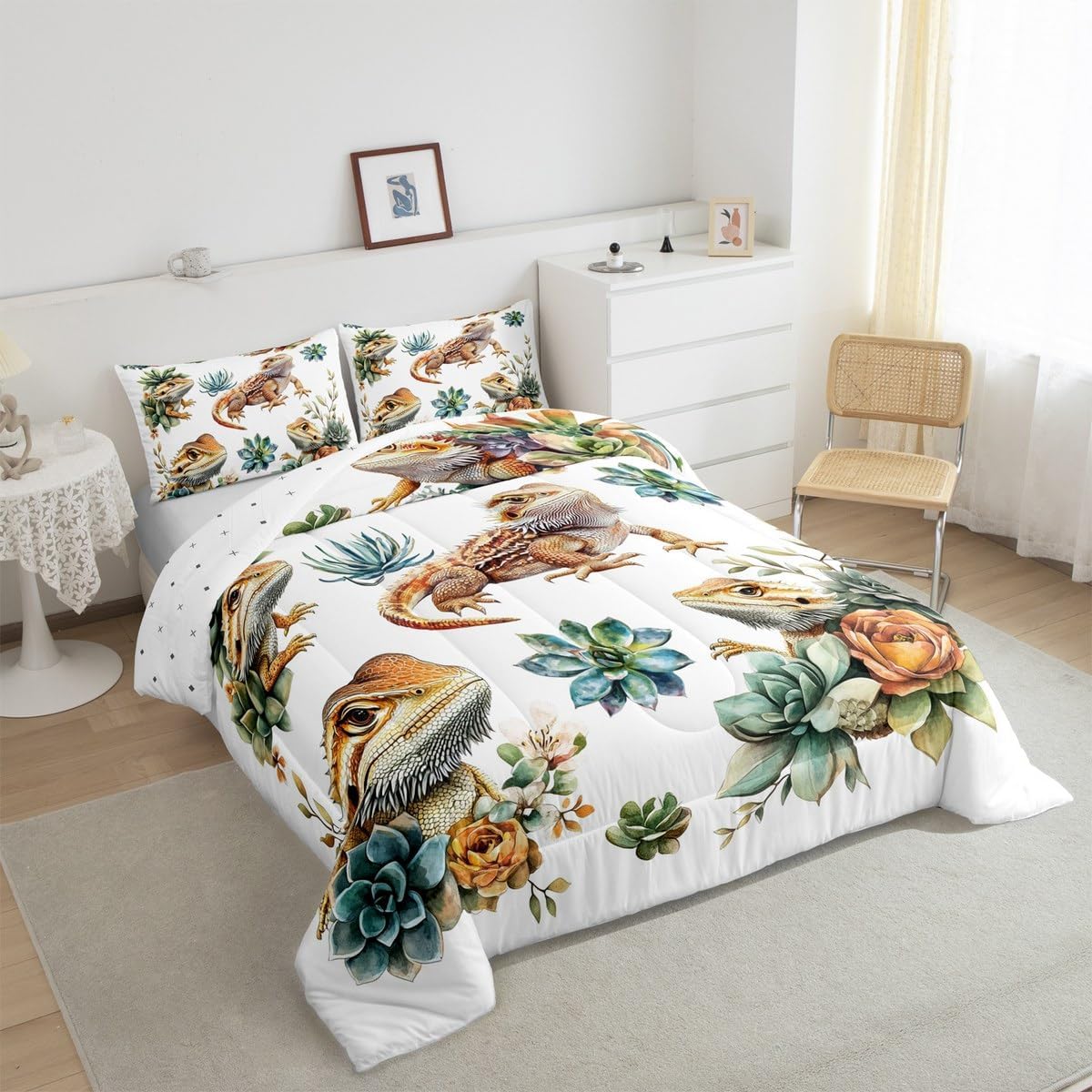 ヒゲドラゴン キッズ 掛け布団セット フルサイズ、漫画 トカゲ 爬虫類 動物 寝具セット、男の子 女の子 部屋の装飾、サボテン ボタ
