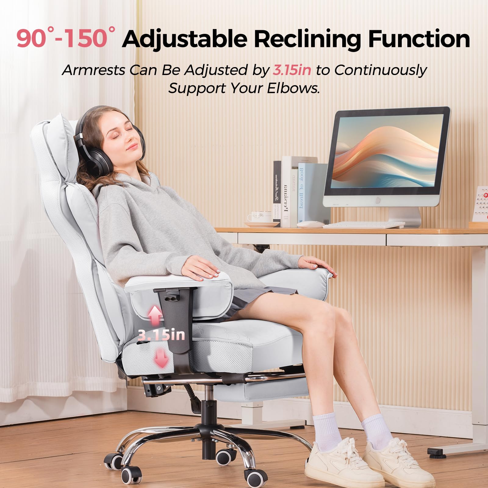 GTPLAYER Big and Tall Gaming Chair 400lbs Heavy Duty Office Chair with Foot Rest & Ergonomic Pocket Spring Lumbar Support, High Back 3D Saddle Shaped Cushion for Back Pain Relief, White view 5