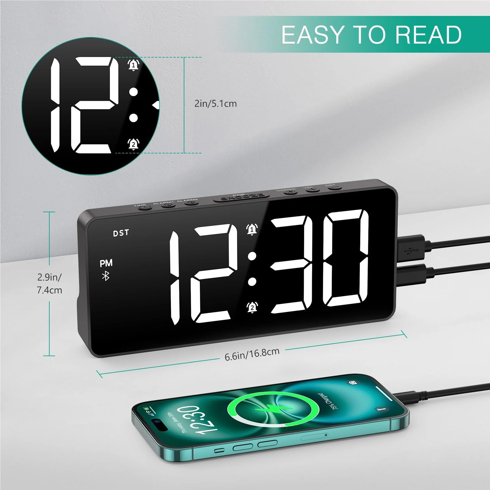 ORIA Digital Alarm Clock 7'' LED with Bluetooth Sync Time Bedside Auto for Home Office Use