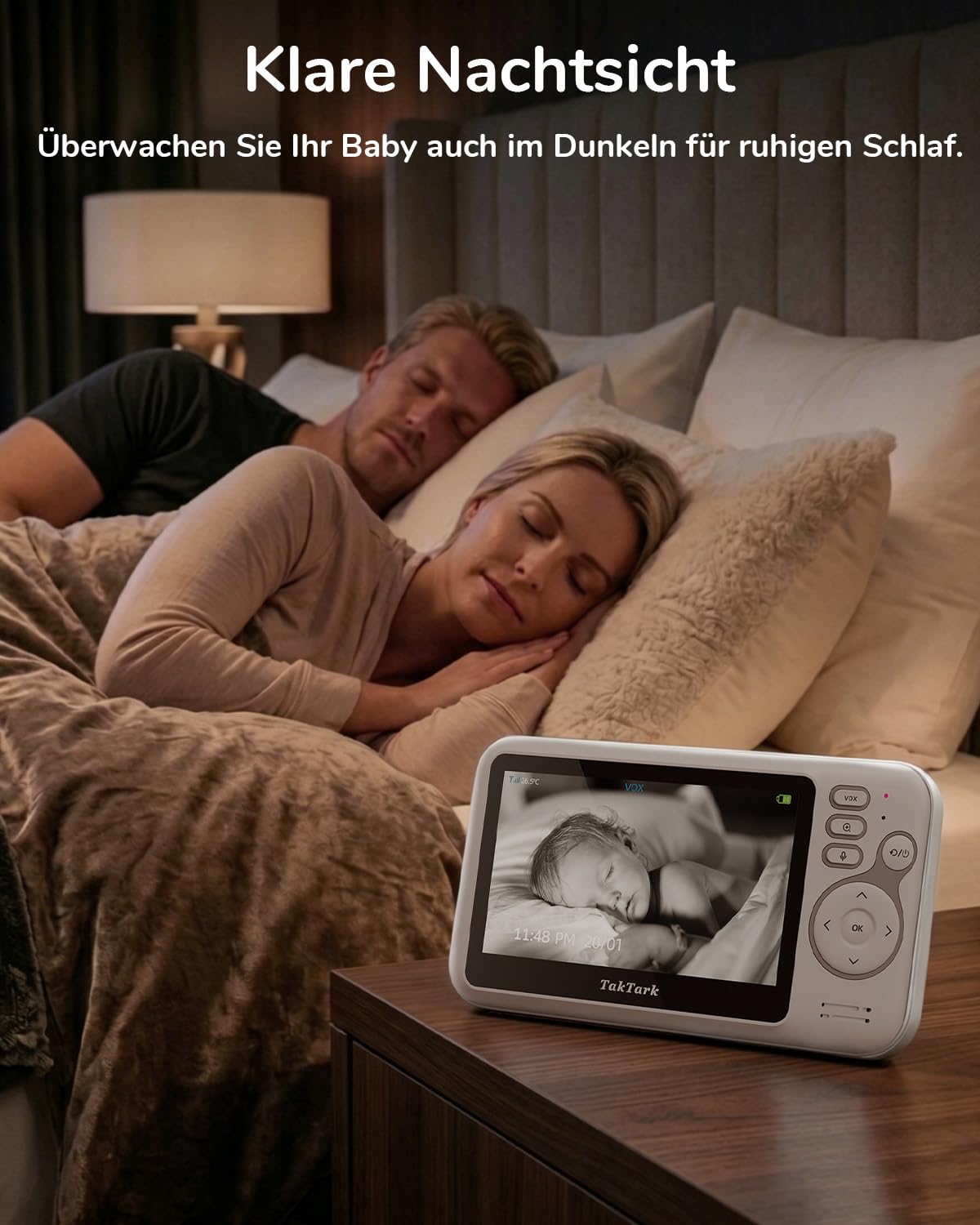 TakTark Babyphone mit Kamera, 4.3'' Babyphone Video Baby Monitor, Babyfon mit Kamera und Audio mit VOX, Gegensprechfunktion, Nachtsicht, Digitalzoom, Temperaturüberwachung und Keine störenden Lichter