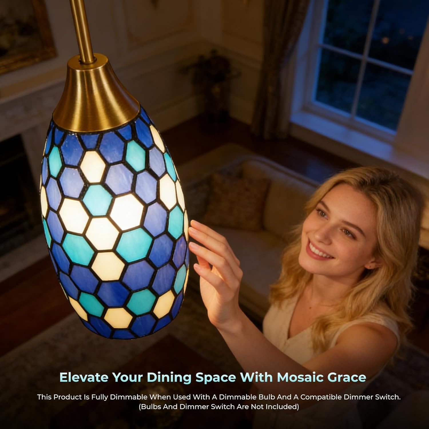 ALUCSET Blue Tiffany Pendant Light Wide 4.8 Inch Height 7.8 Inch,Chandelier Victorian Tiffany Style Pendant Light Fixtures for Bedroom Dining Living Room