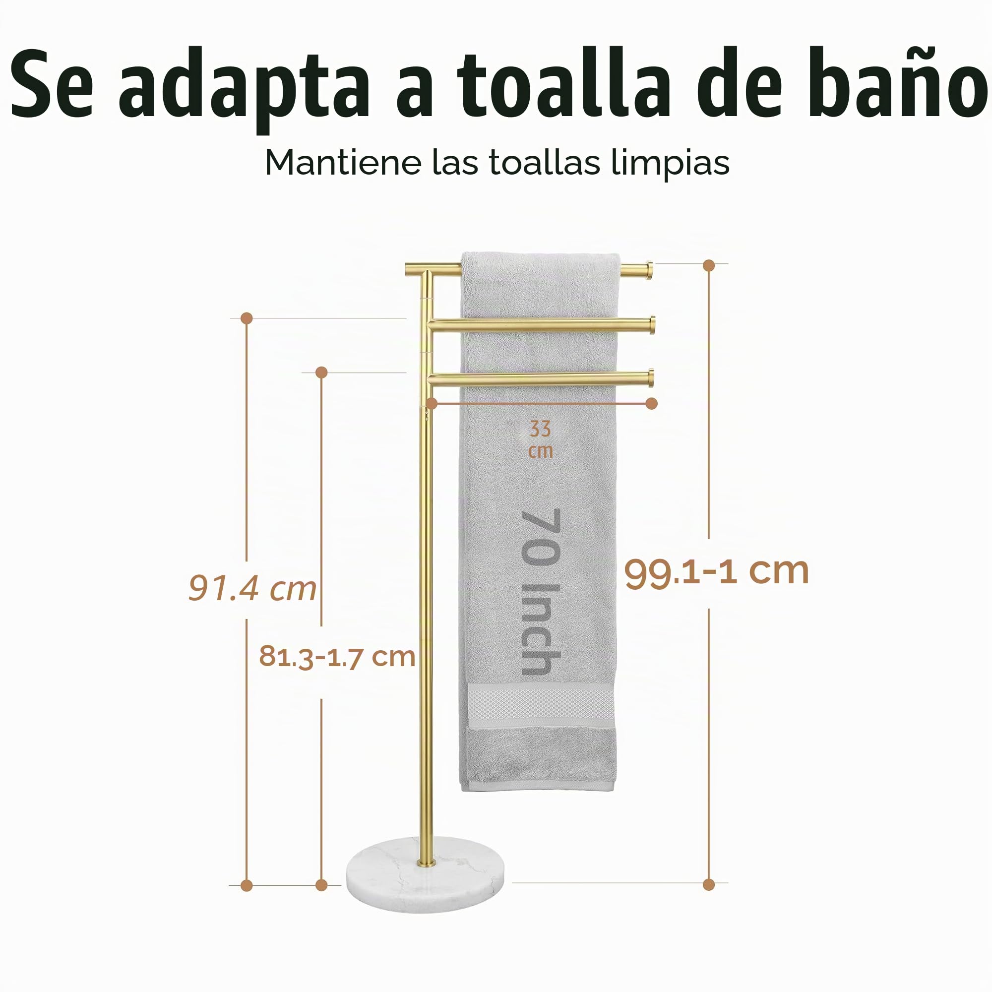 KES Toallero de Oro Cepillado Toallero de Pie Toallero Barra de Acero Inoxidable Baño Toallero de Baño Acero Inoxidable 18/8 Toallero Base de Mármol, BTH219-BZ | Base de piedra natural de 10 libras, 3 brazos giratorios, acero inoxidable SUS304, antidesliz