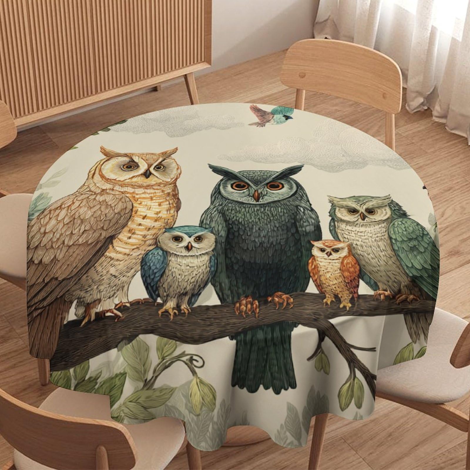 LUYYSKY Vintage Rustic Birds Owls Round Tablecloth Beautiful Abstract Spring Plants Trees Animals Owls Print Washable Decor for Table Cover for Kitchen-177.8" Wx177.8 L cm