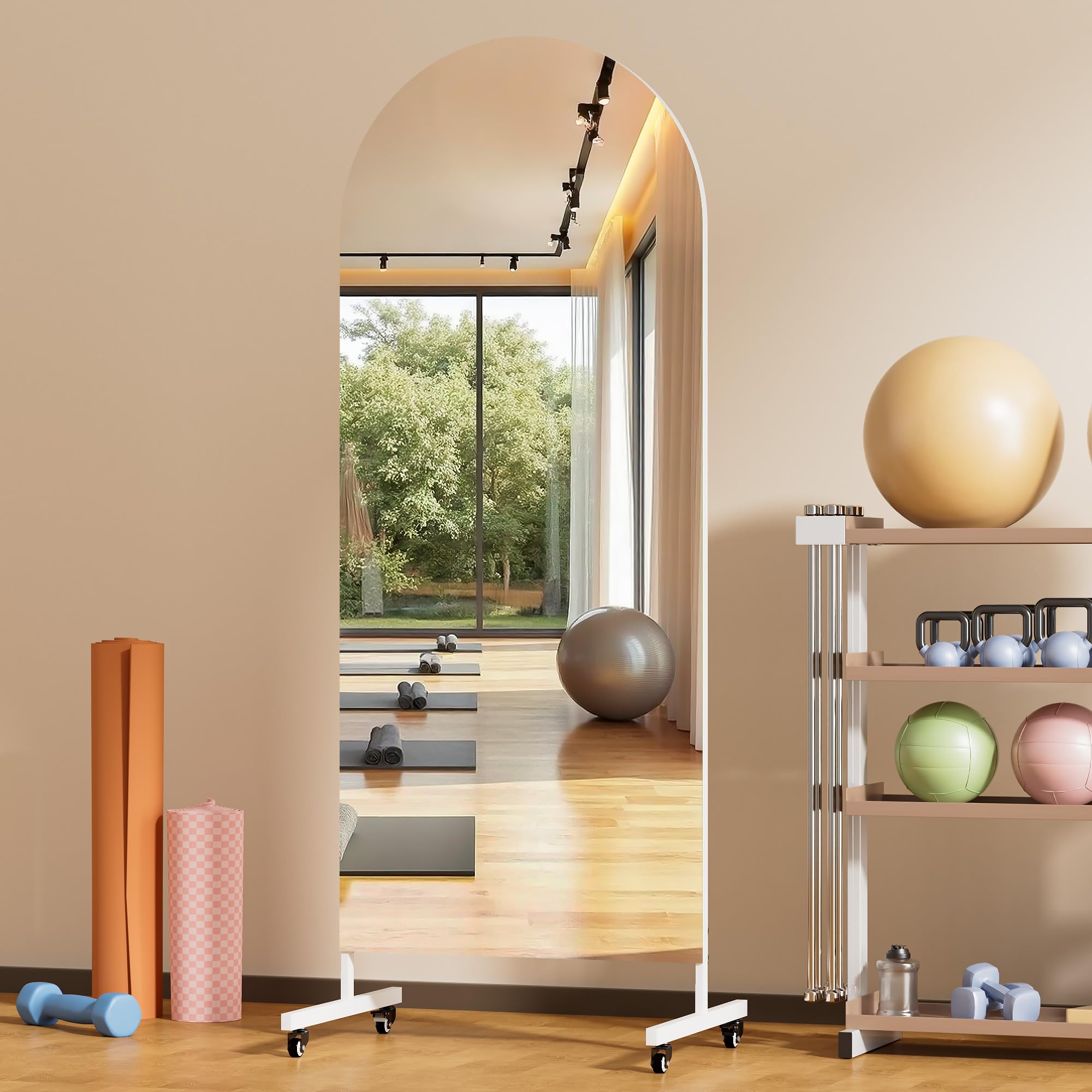Hasipu 65" x 22" Arched Rolling Home Gym Mirror with Wheels, 360° Swivel Body Mirror with HD Tempered Glass, Large Floor Mirror for Yoga Room, Dance Studio, Bedroom & Home Gym