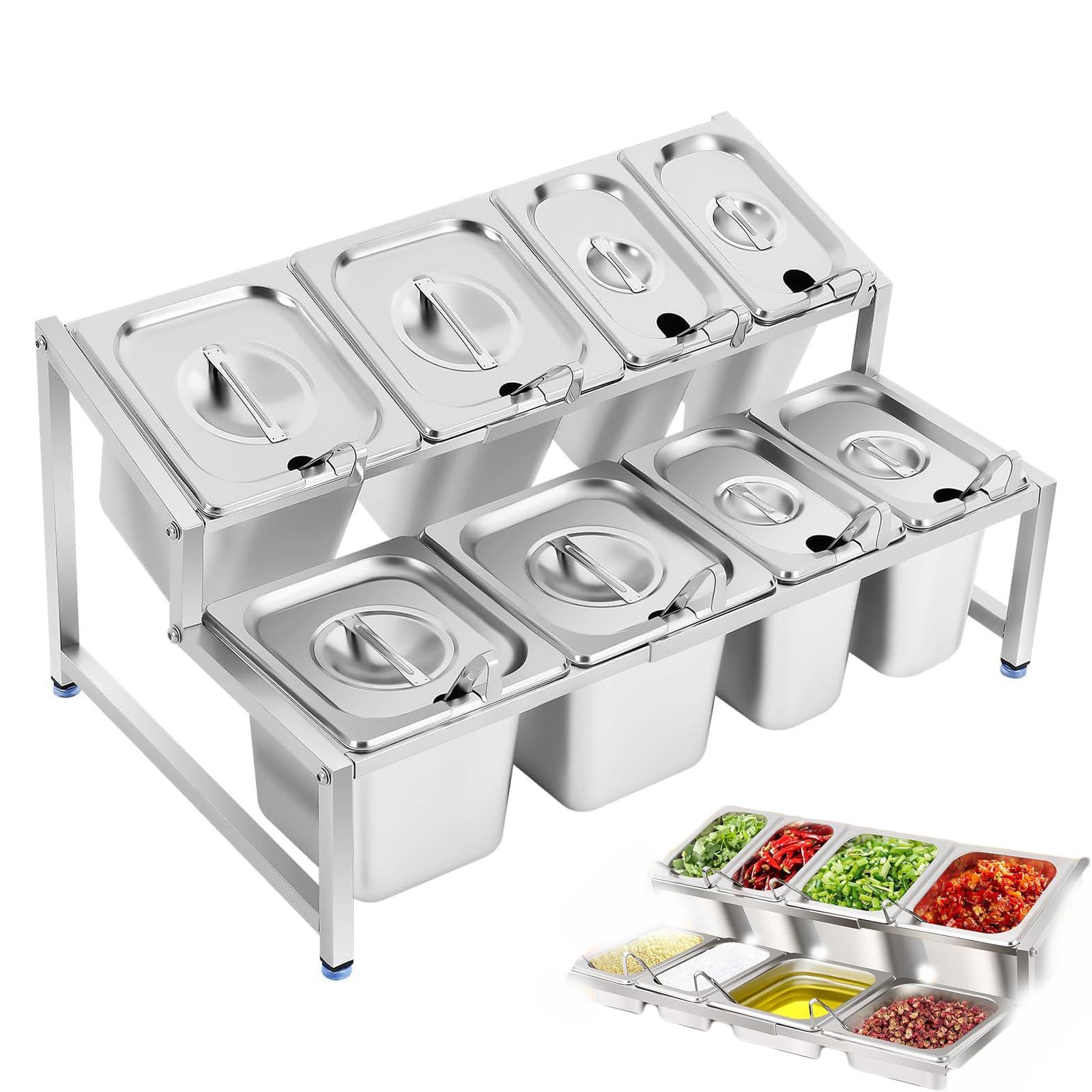Scaffale portaspezie, supporto regolabile a 2 file in acciaio inox per 8 padelle con coperchi e mestoli, materiale robusto e durevole per una preparazione efficiente degli ingredienti