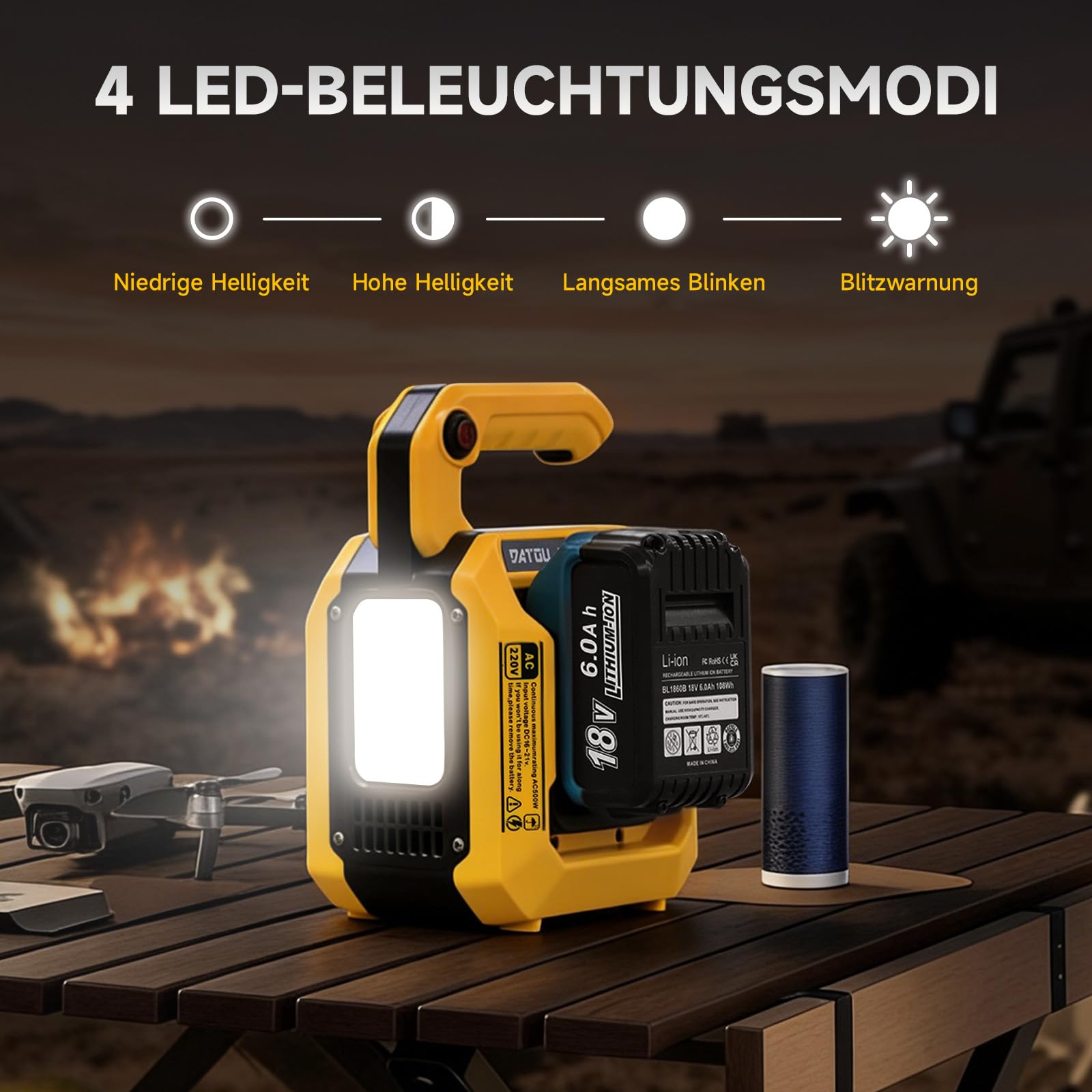 DATOUBOSS 500W Wechselrichter für 18V Akku, DC 18V auf AC 230V, Reiner Sinuswlle Spannungswandler, 4 Ports Stromwandler mit 1 USB-A & 2 USB-C Anschluss, 500LM LED Licht für Camping Notfall