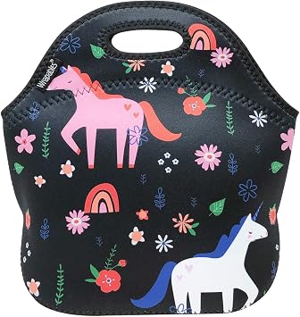 allydrew Insulated Neoprene Lunch Bag Zipper Tote, Unicorns Black