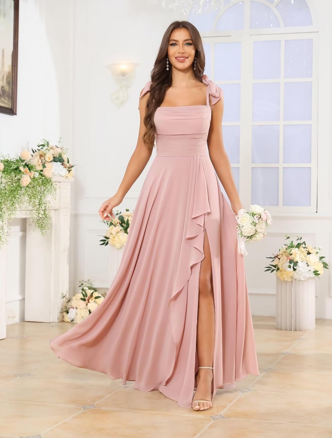 Chiffon Ruffle Bridesmaid Dresses 2025 with Slit Square Neck Bow Straps Long Formal Evening Gown with Pockets