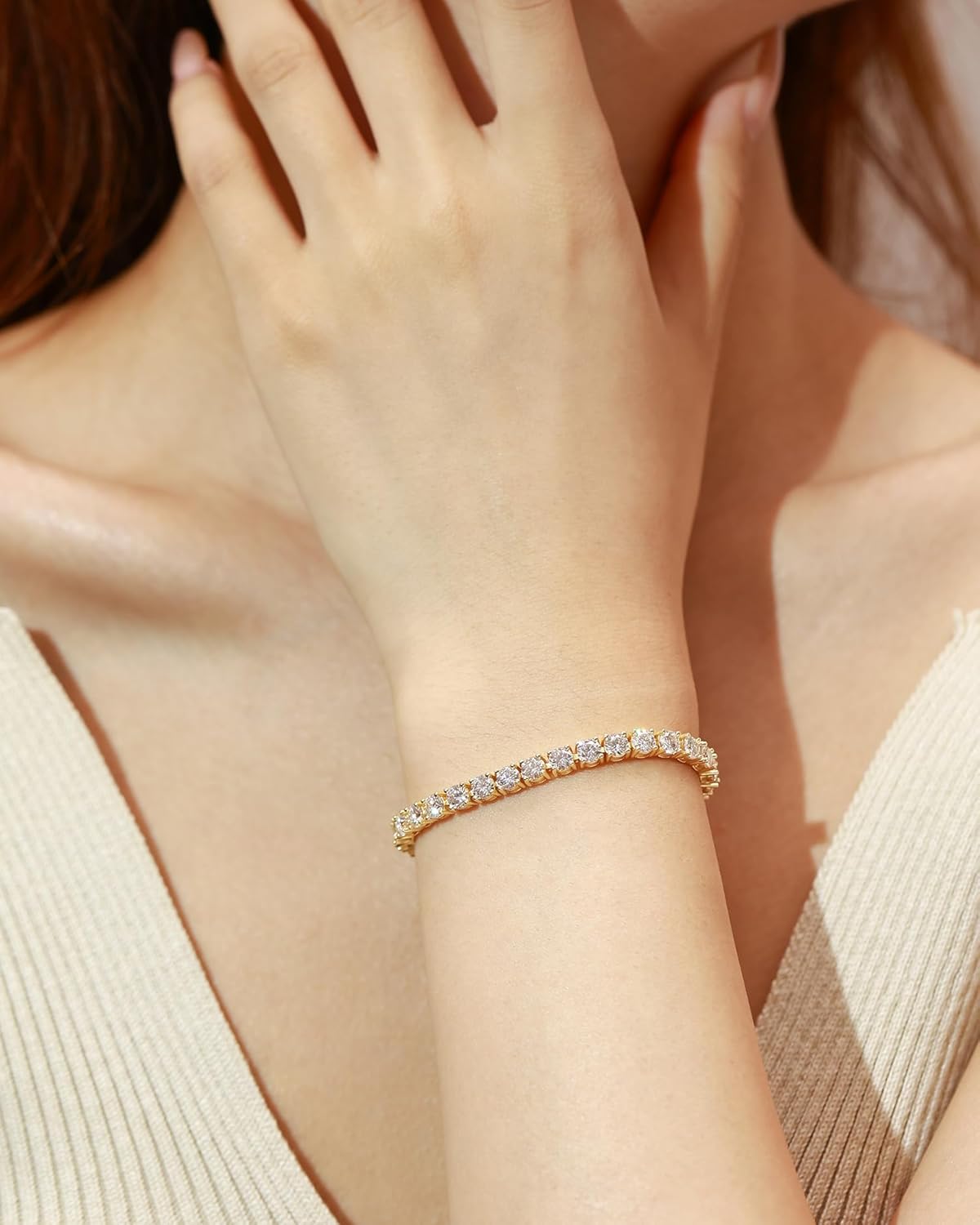 FANCIME Gold Moissanite Tennis Bracelet 1.2ct-12ct Lab Created Moissanite Diamond Bracelets,925 Sterling Silver Adjustable Bolo Tennis Bracelets, 2/3/4/5mm D Color VVS1 Round Cut Moissanite Bracelet for Women