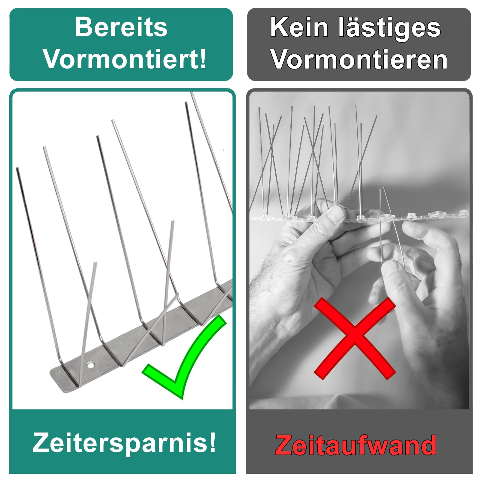 PRIOstahl Taubenabwehr Taubenspikes Vogelabwehr mit Edelstahlgrundplatte 4-reihig 15 Meter (30 x 0,50cm Spikes) Vogelschutz Abwehr für Balkon Dach Fenster UV-Beständig & rostfrei Edelstahl V2A