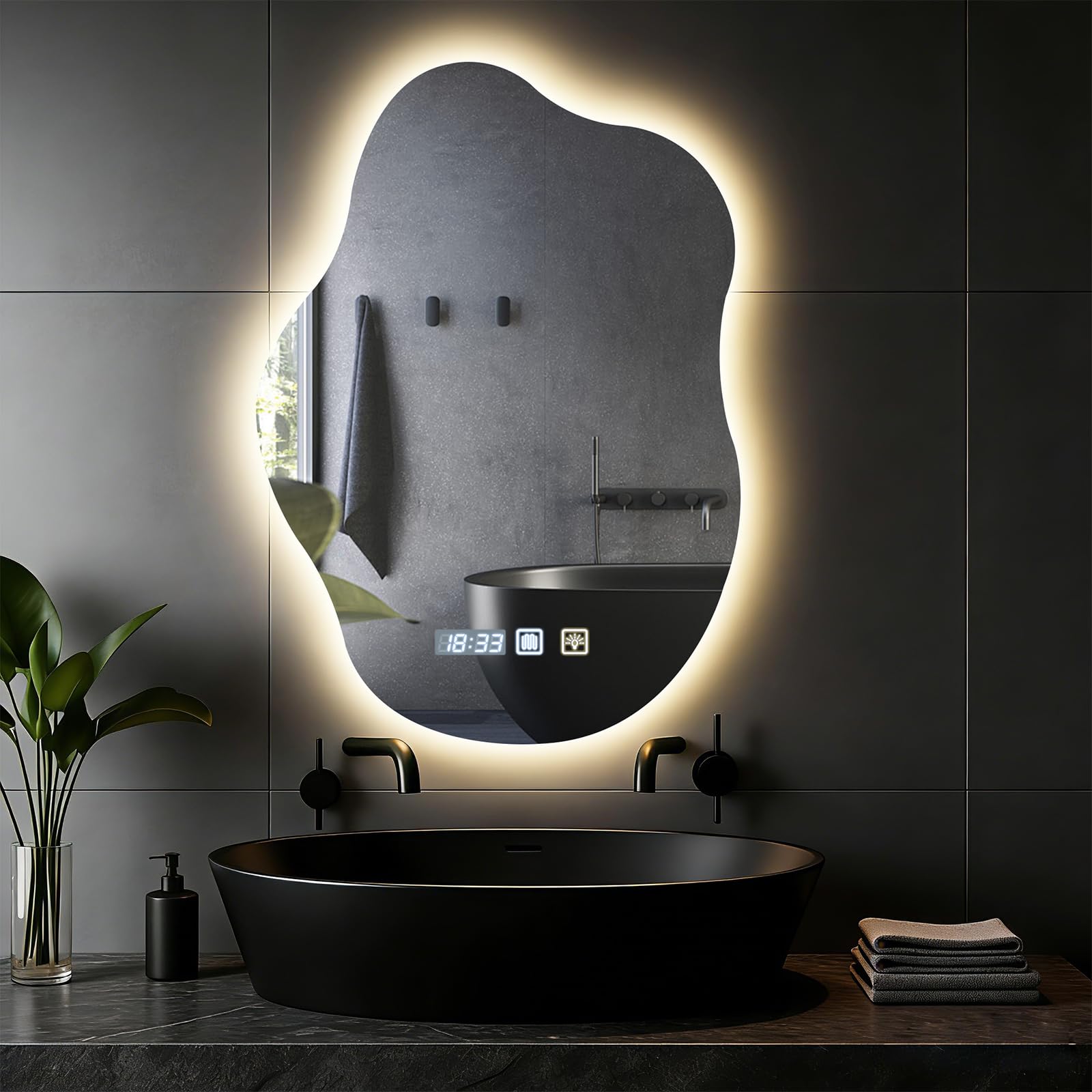 Espejos de Baño con Luz LED 70 x 50 cm, Espejo Baño con Luz Regulable de 3 Colores, Diseño de Nubes, Espejos de Pared con LED, Función Antivaho, Ajuste de Brillo, Interruptor Táctil