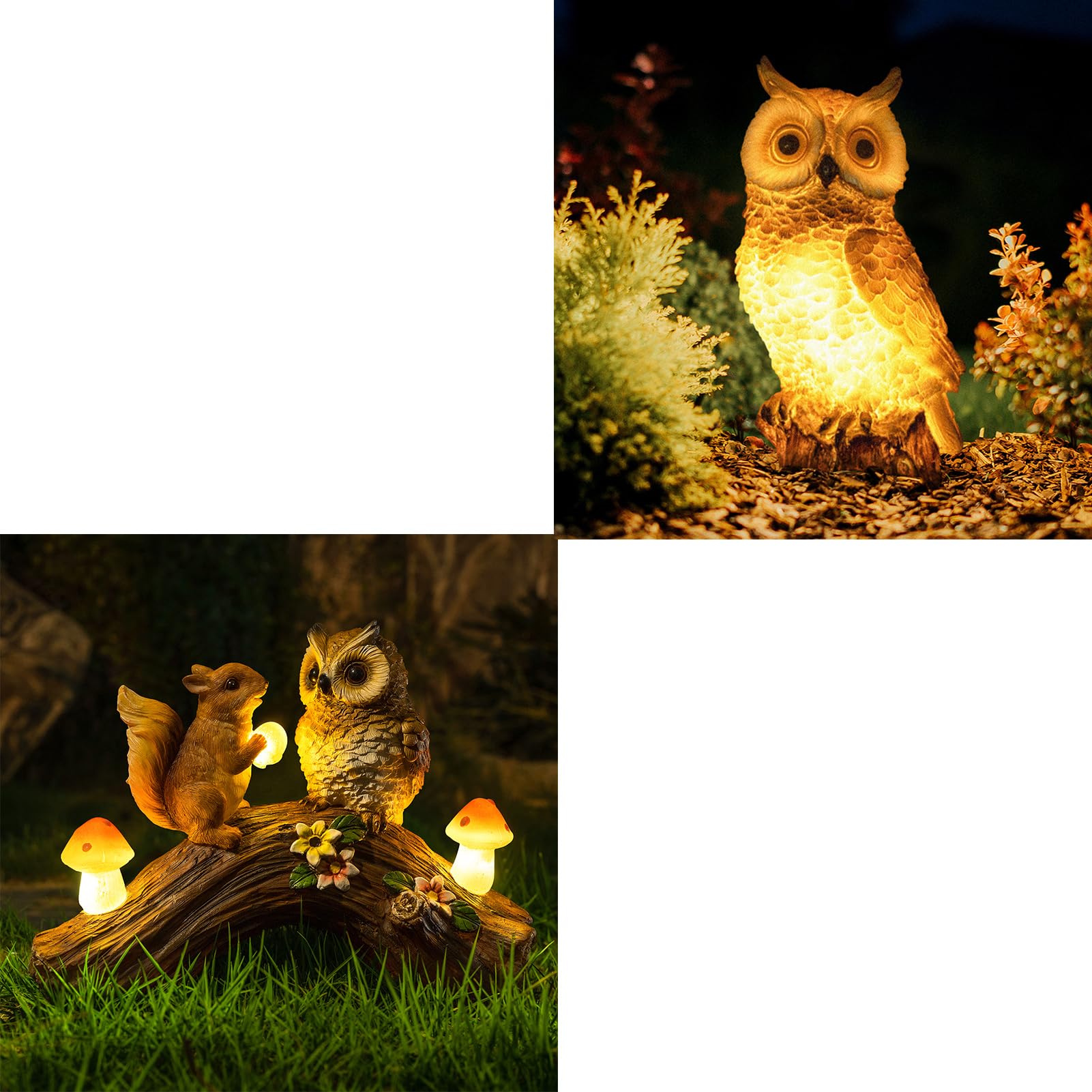 WONDHOMEA Bundle of Owl Squirrel and Solar Owl Statue Garden Decor