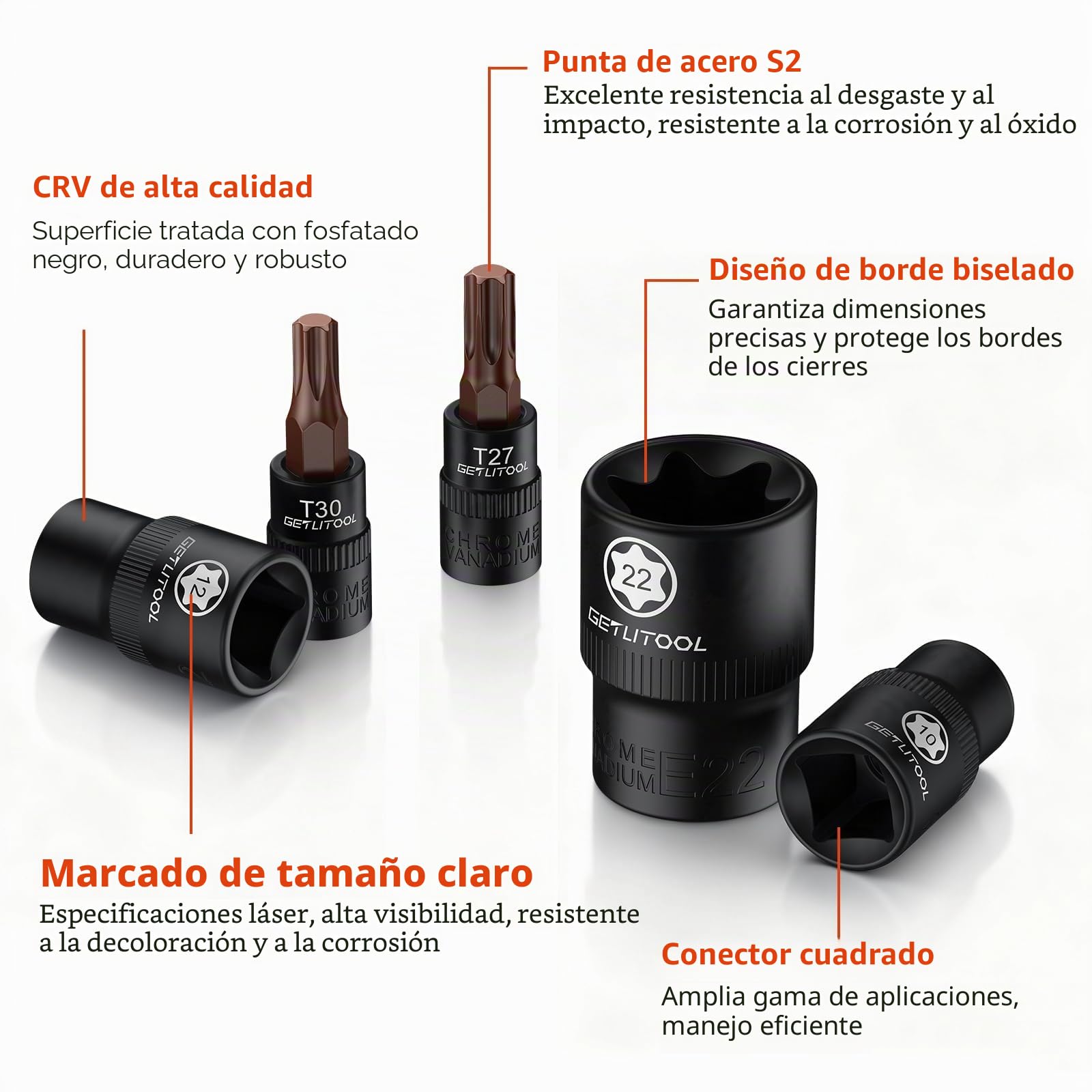 GETLITOOL Juego de 24 llaves de vaso E-Torx E-Torx de acero CR-V E4-E24 y T8-T40, llaves de estrella con grabado láser y caja organizadora para reparación de automóviles, mantenimiento mecánico