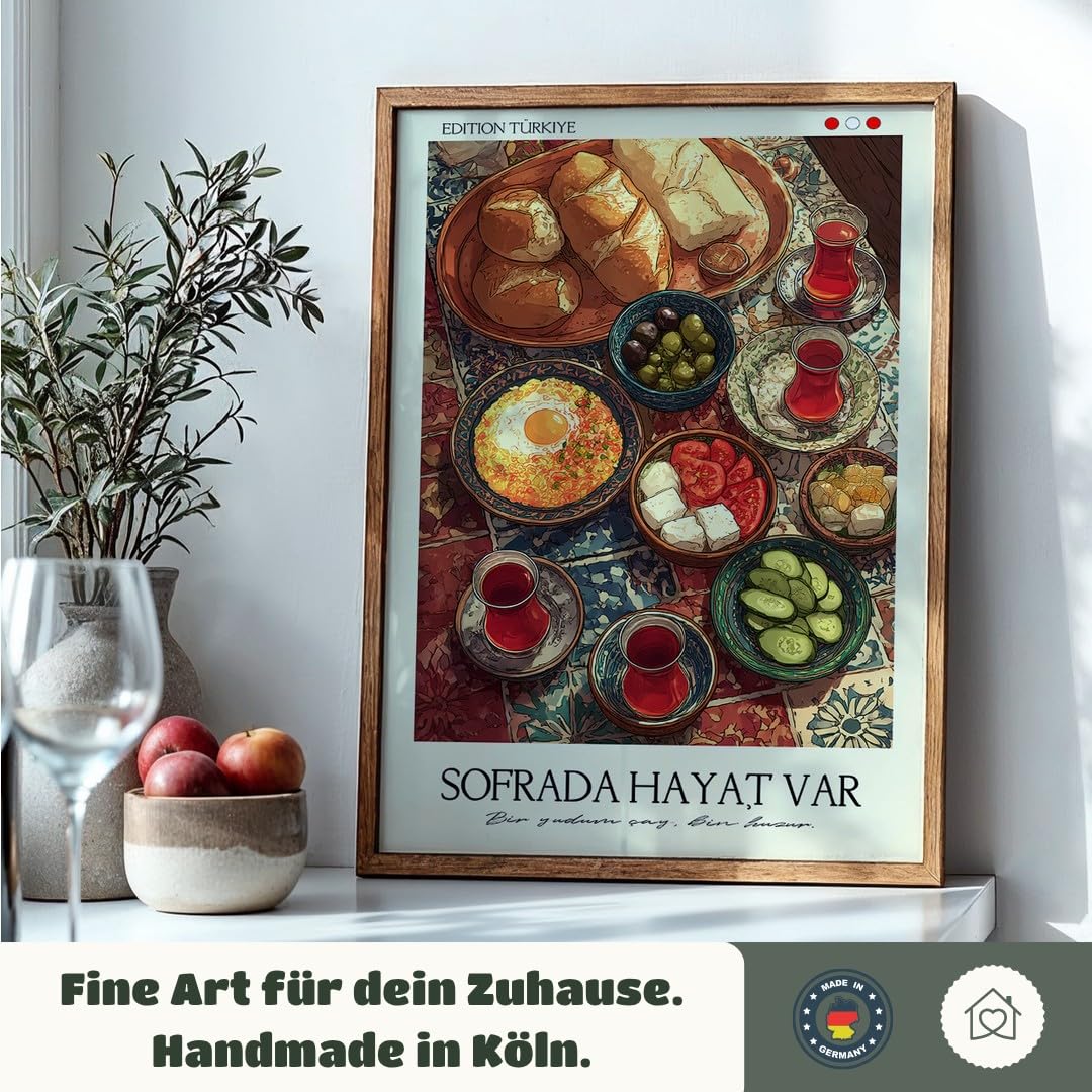 MJ-GRAPHICS® Poster Frühstück Wandbild türkei Farbenfrohes Kunstdruck traditionell Deko lebendig Küche orientalischer Stil Bild Frühstückstisch maximiere Genuss A2 mit weißem Rahmen
