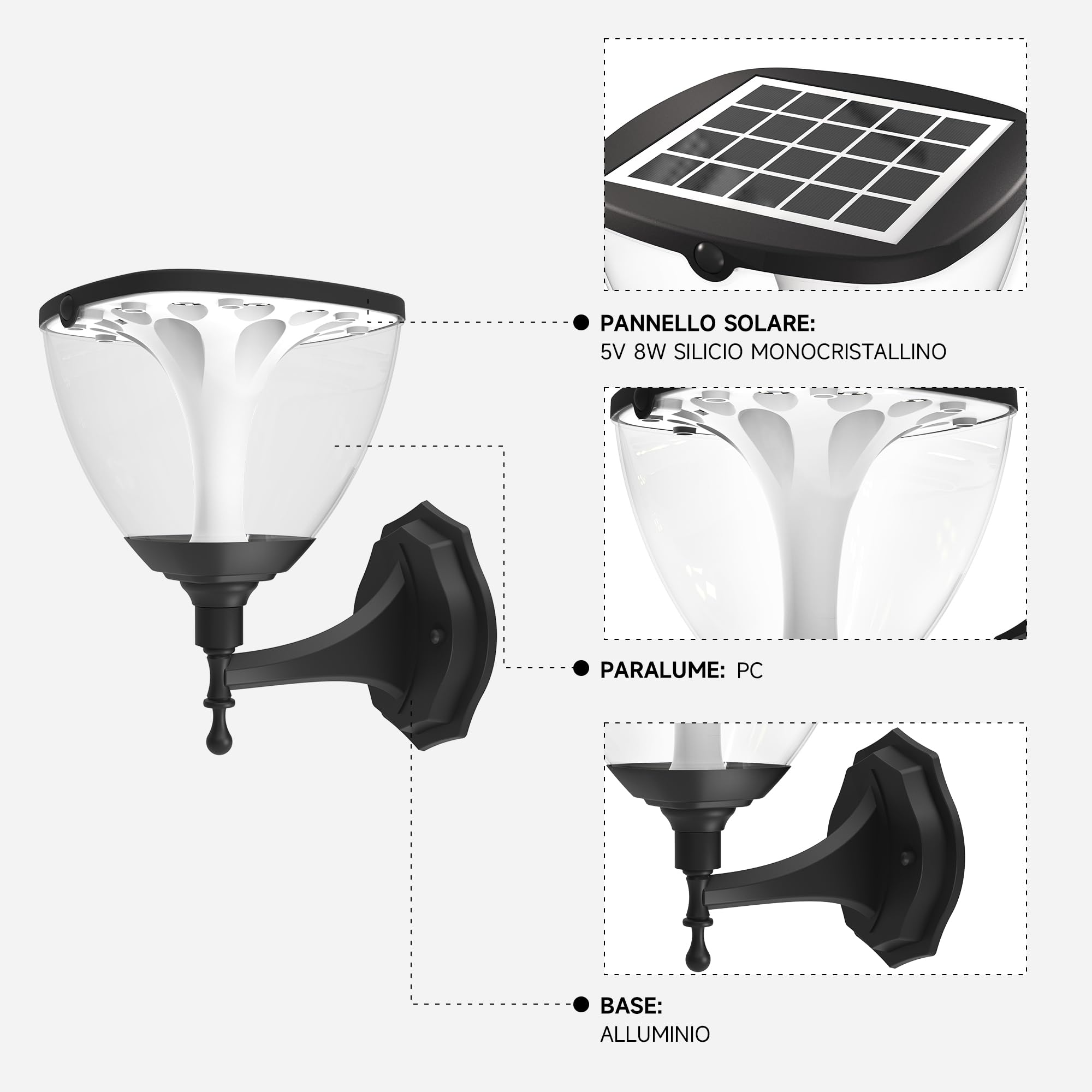 duowelly Applique Solare da Esterno con 3 modalità,Lampade da parete a energia solare da giardino,Lampade da parete per esterni Waterproof IP65 per Patio, Cortile,Vialetto,Percorso,Alluminio(2Pack)