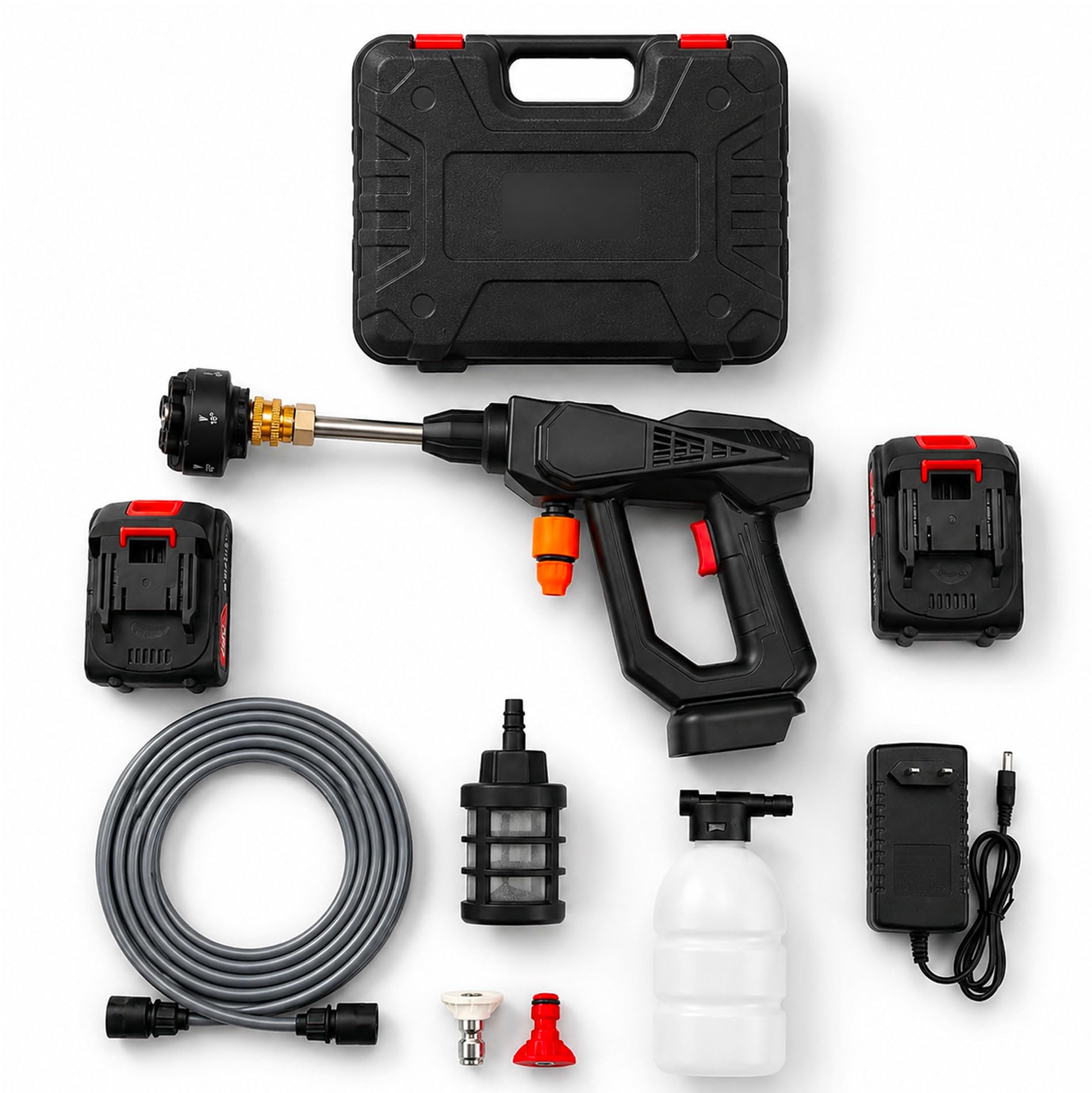 081 Store - Idropulitrice a Batteria 48 V 30 Bar Portatile Senza Fili – 2 Batterie 8000 mAh, 6 Getti Regolabili, Tubo 3 m con Valigetta – Per Auto, Giardino e Pavimenti – Garanzia 2 Anni
