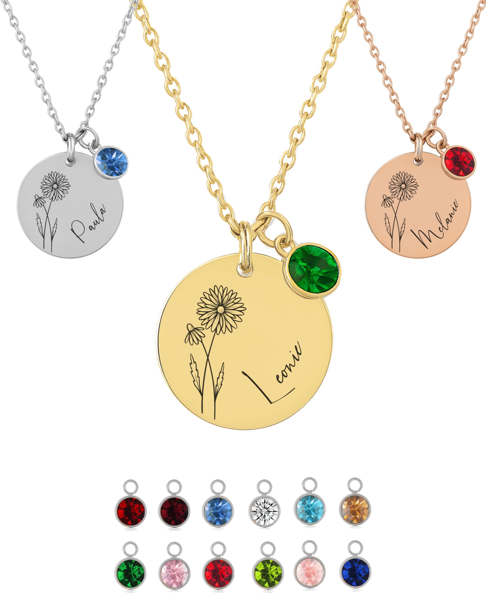XELLENZ Geburtsblumen Kette mit Namen & Geburtsstein – Wasserfeste Edelstahl Halskette Damen & Symbolisches Schmuck Geschenk für Frauen zum Geburtstag mit herzlichem Gänseblümchen-Gravur (April Blume)