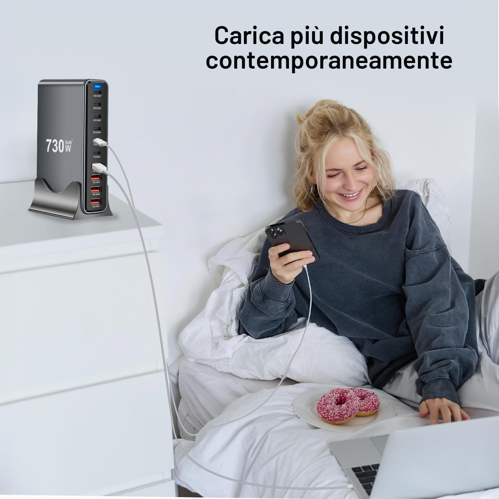 730W Stazione di Ricarica USB, Caricatore USB Multiplo PD per dispositivi da 140 W 100W e 65W, Caricabatterie Multiplo con 10 porte compatibile con MacBook, iPad, iPhone 16/15/14, DELL, HP