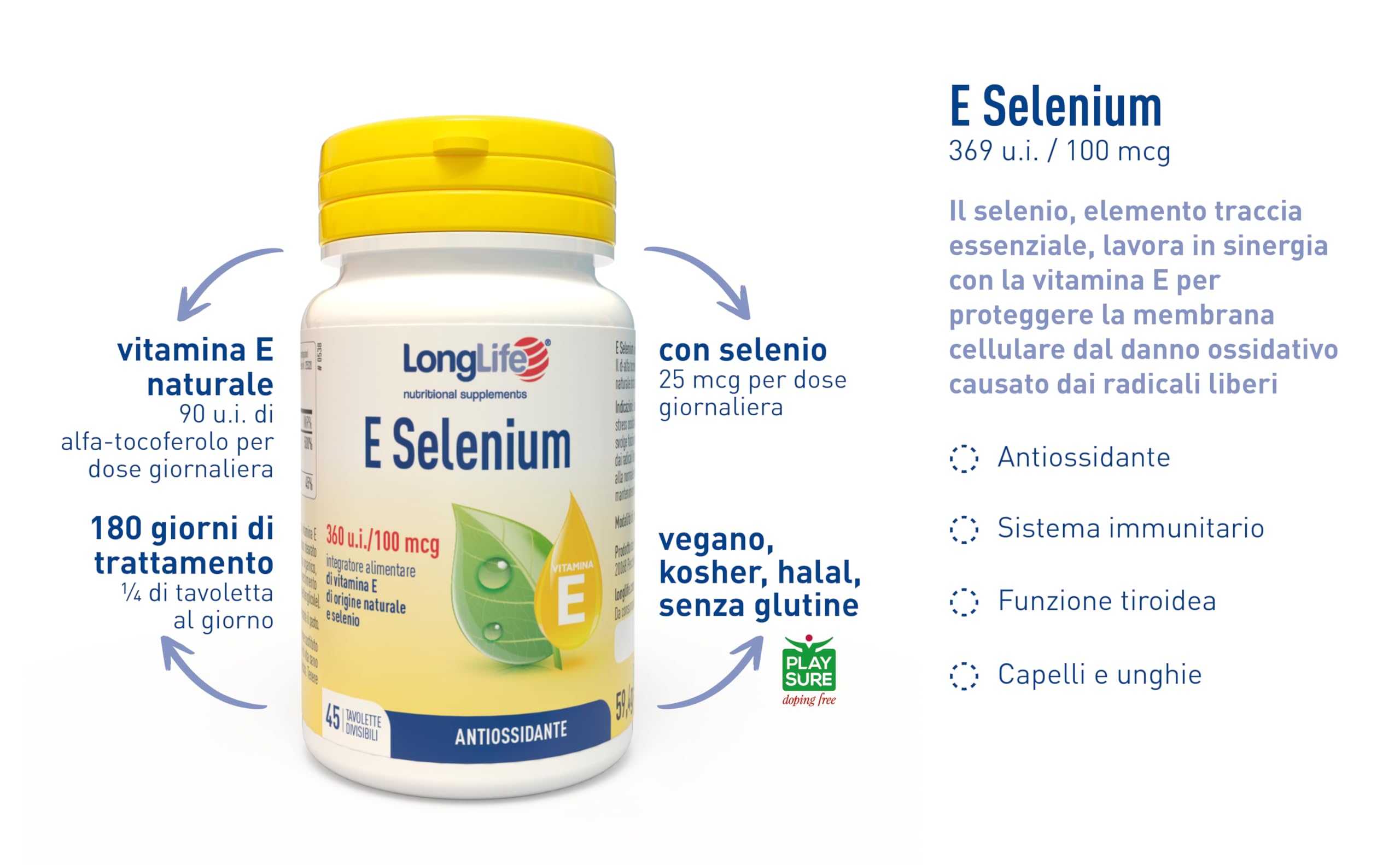LongLife® E Selenium | Integratore di vitamina E naturale e selenio | Azione antiossidante | Benessere di capelli e unghie | 180 giorni di trattamento | Vegano e senza glutine