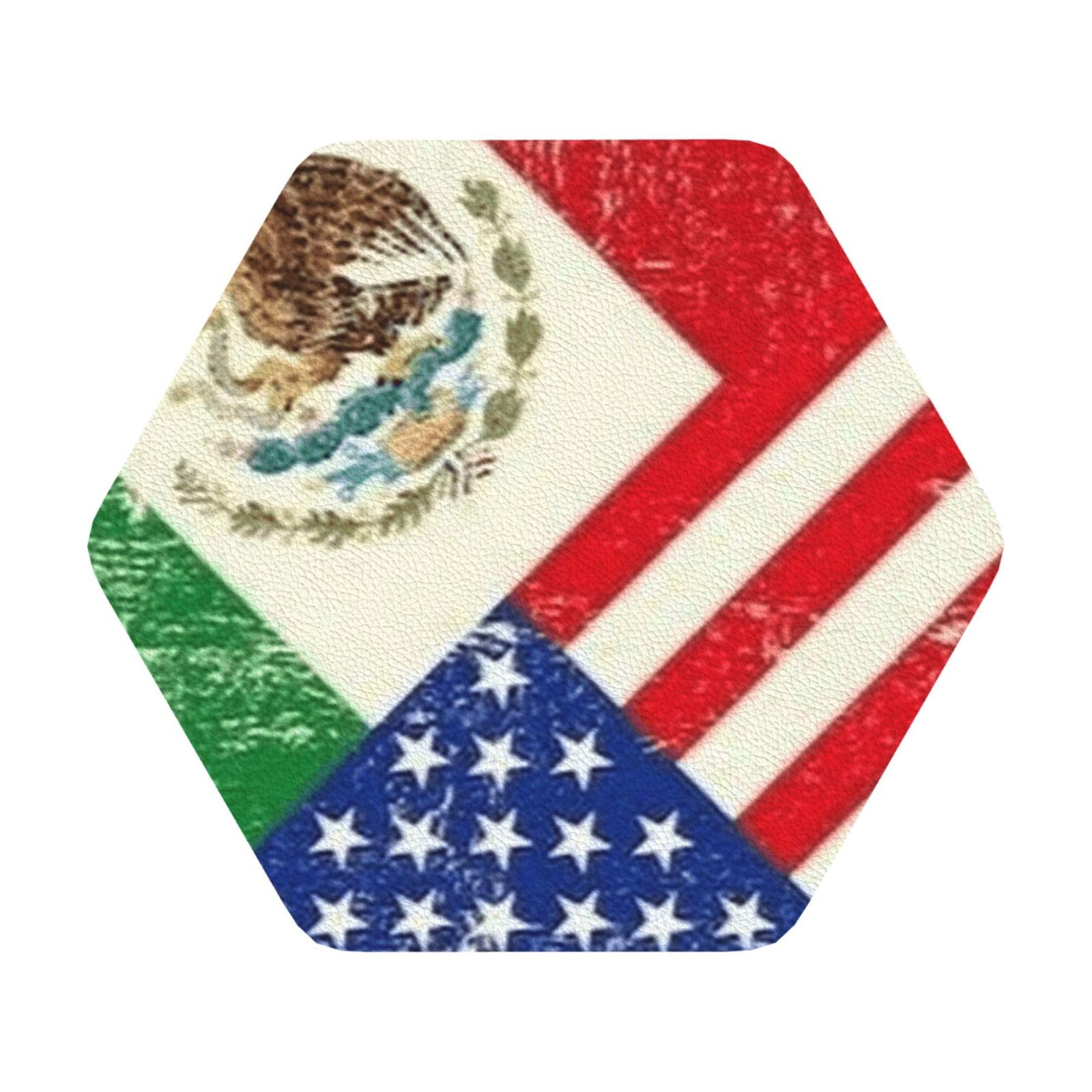 Mexican American Flag PU Leather Coasters Set of 6 Hexagon Drink Coasters