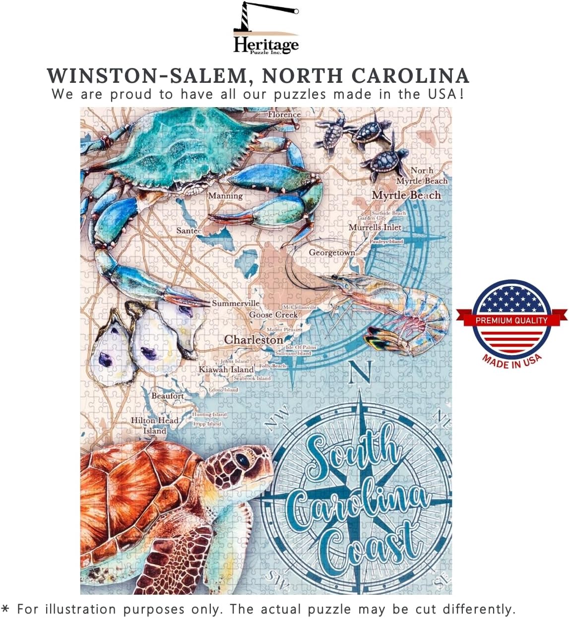 Heritage Puzzle - South Carolina Coast by Kira Talerico - 550 Piece Puzzle for Adults - Educational Coastal Map Jigsaw Puzzles with Sea Life & Landmarks - 18" x 24" Finished Size