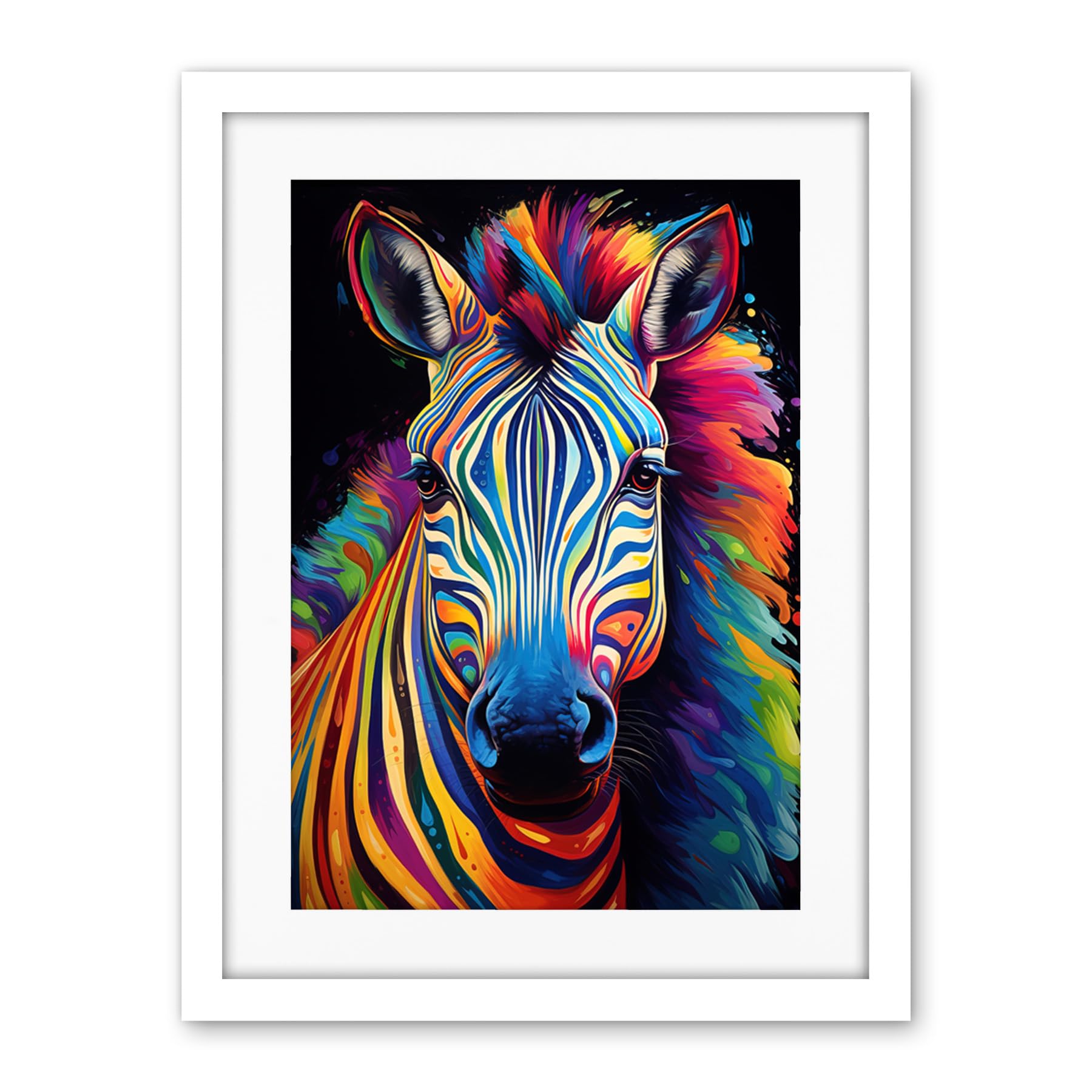 Artery8 Rainbow Striped Zebra Colourful Vibrant Bold Psychedelic Neon Impact Artwork Framed Wall Art Print 18X24 Inch
