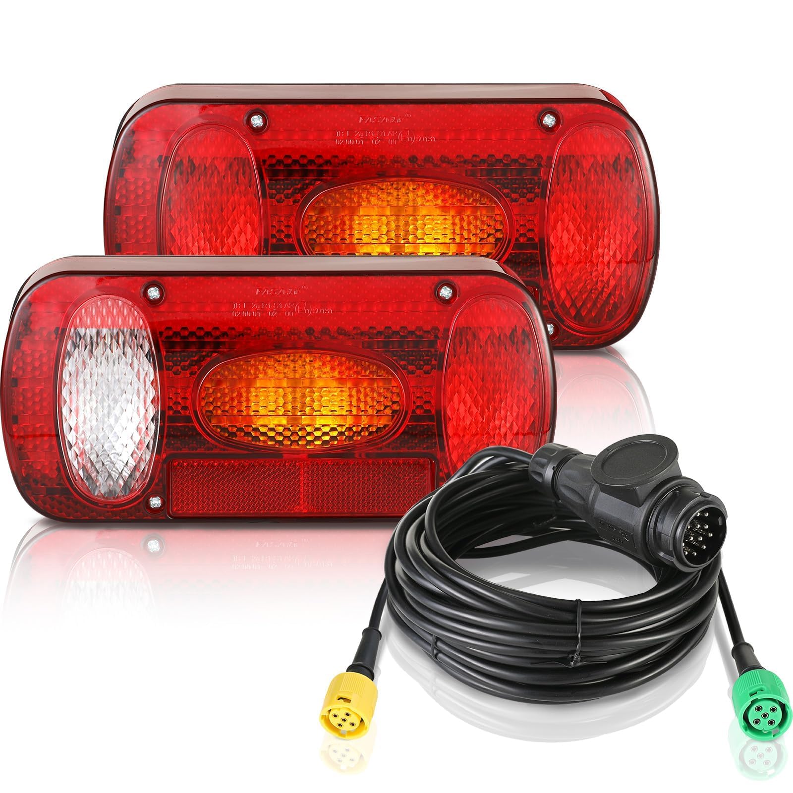 MAMIZO Rückleuchten Set für Anhänger, Rücklicht Anhänger Beleuchtung 13 polig, 12V Anhängerbeleuchtung Rücklichter mit 6 Funktionen, 2 * 5.5m Kabelsatz und E-Geprüfte (JH600AB Halogen)
